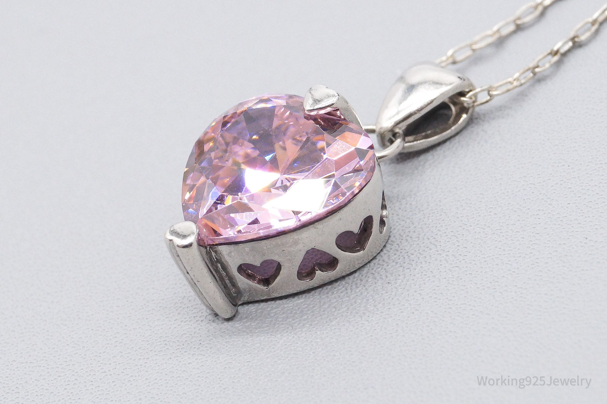 Vintage Pink Cubic Zirconia Heart Sterling Silver Necklace 20"