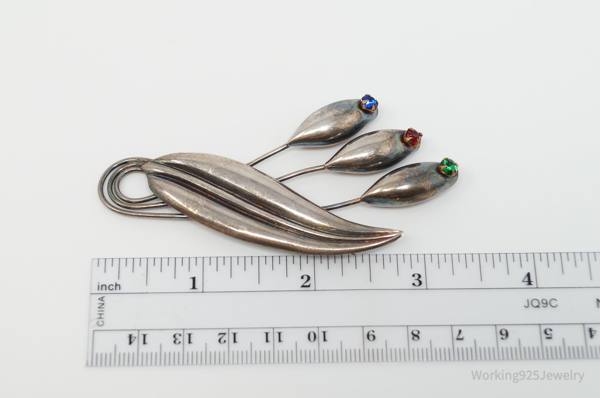 Large Vintage Modern Flowers Rhinestone Sterling Silver Brooch Pin