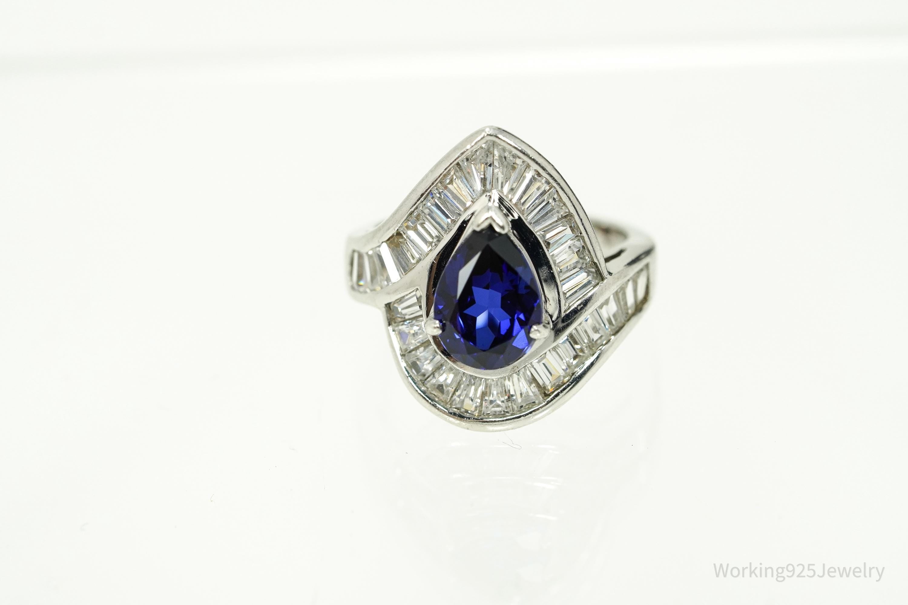 Vintage Lab Sapphire & Cubic Zirconia Rhodium Plated Sterling Silver Ring - Size 6