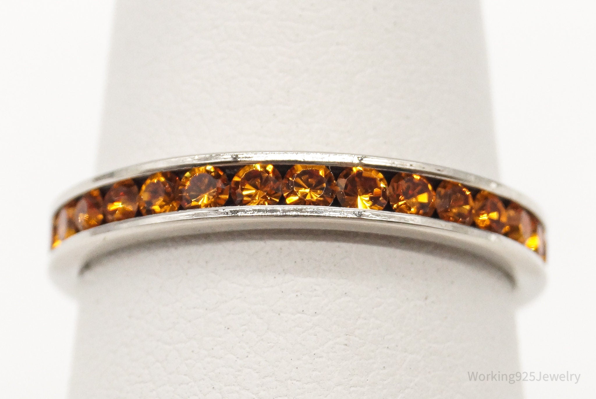 Vintage Orange Crystal Sterling Silver Band Ring - Size 7