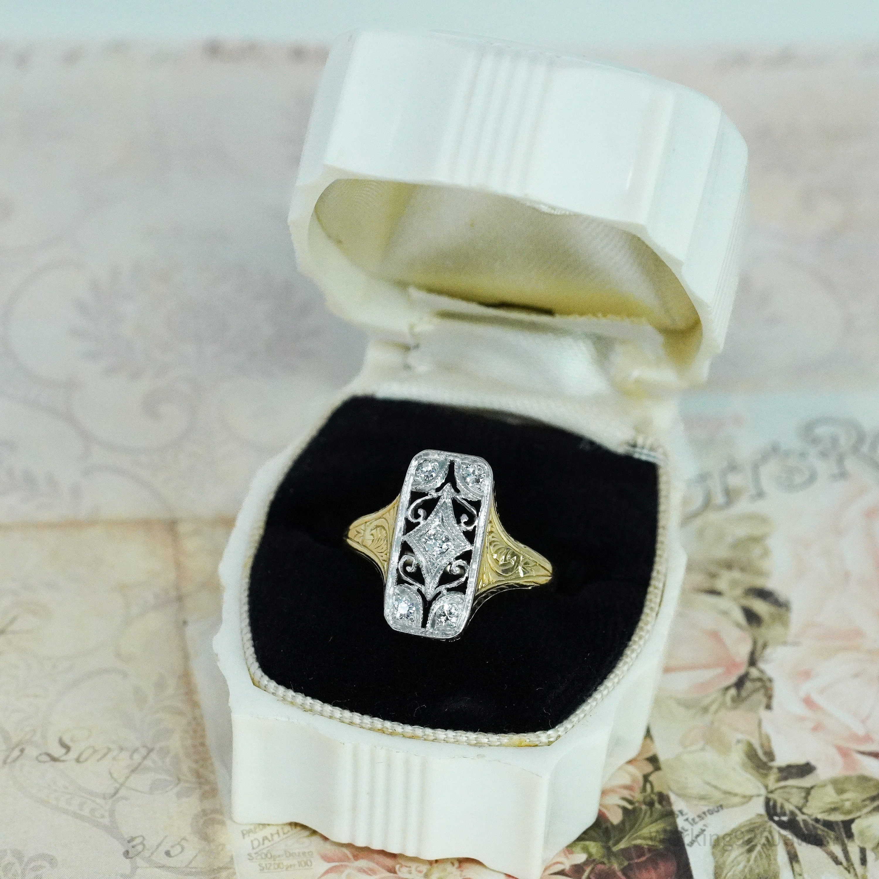 1920s 14k Yellow Gold & Platinum European Cut Diamond Ring - Size 5 1/4