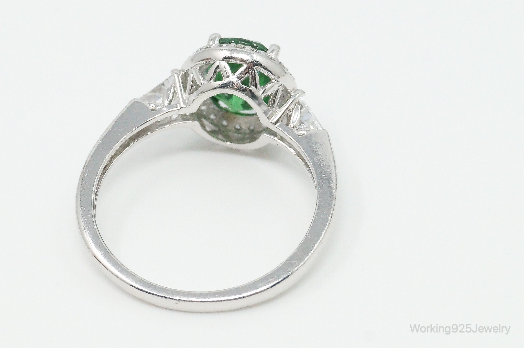 Vintage Large Green Cubic Zirconia Sterling Silver Ring - Size 9.25