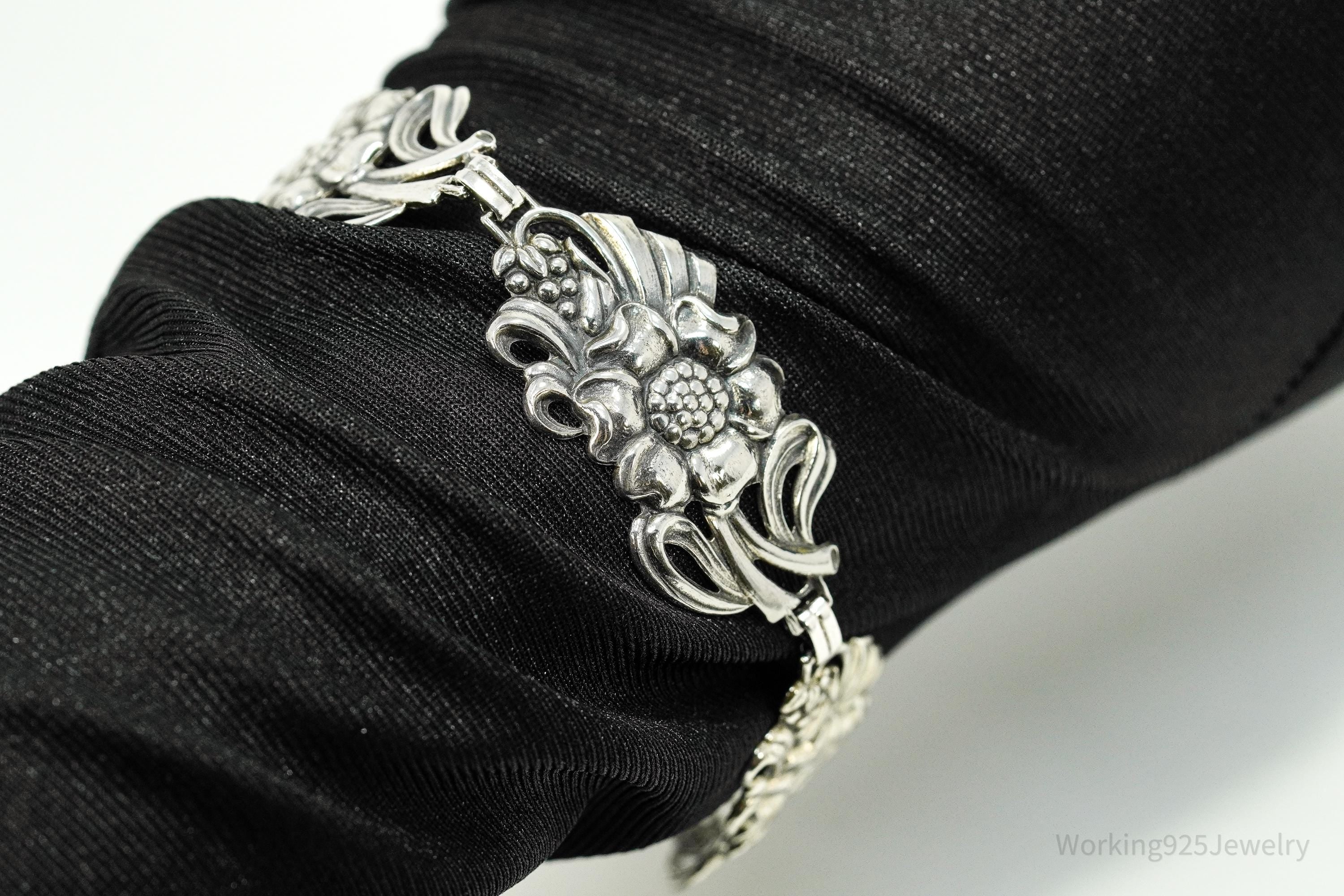 Antique Floral Sterling Silver Bracelet 7.75"