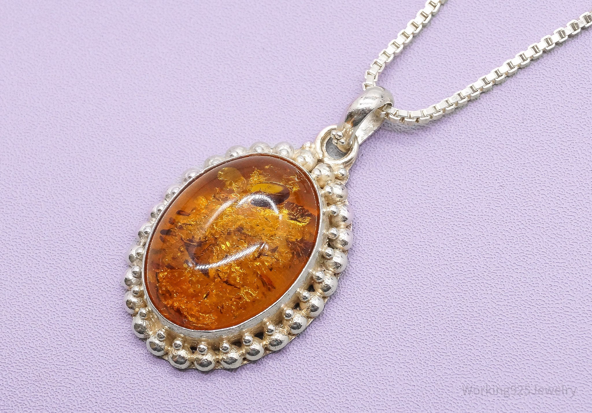 Vintage Large Amber Sterling Silver Chain Necklace 24"