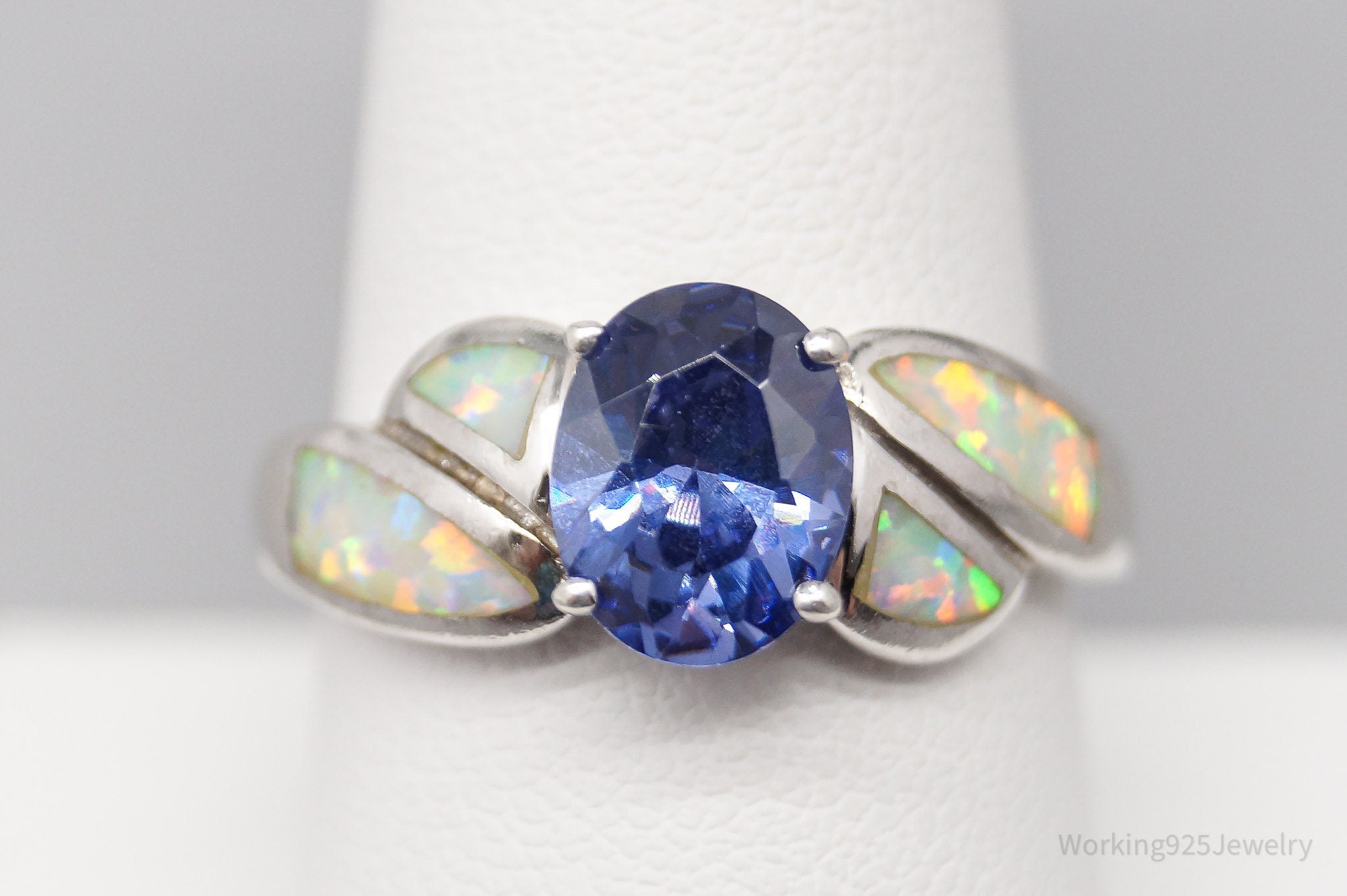 Vintage Iolite & Opal Inlay Sterling Silver Ring - Size 9.25