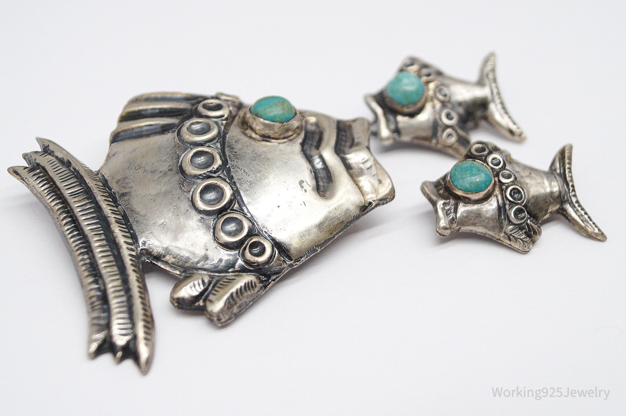 RARE Vintage Mexico Modernist Fish Turquoise Sterling Silver Brooch Pin & Earrings Set