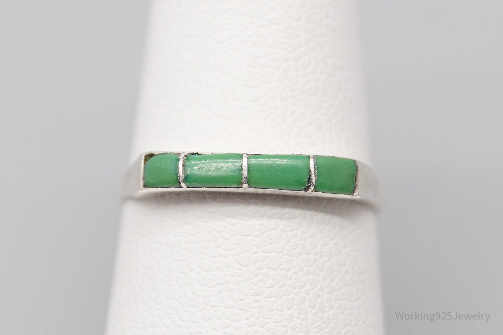 Vintage Native American Turquoise Inlay Silver Band Ring - Size 6.75