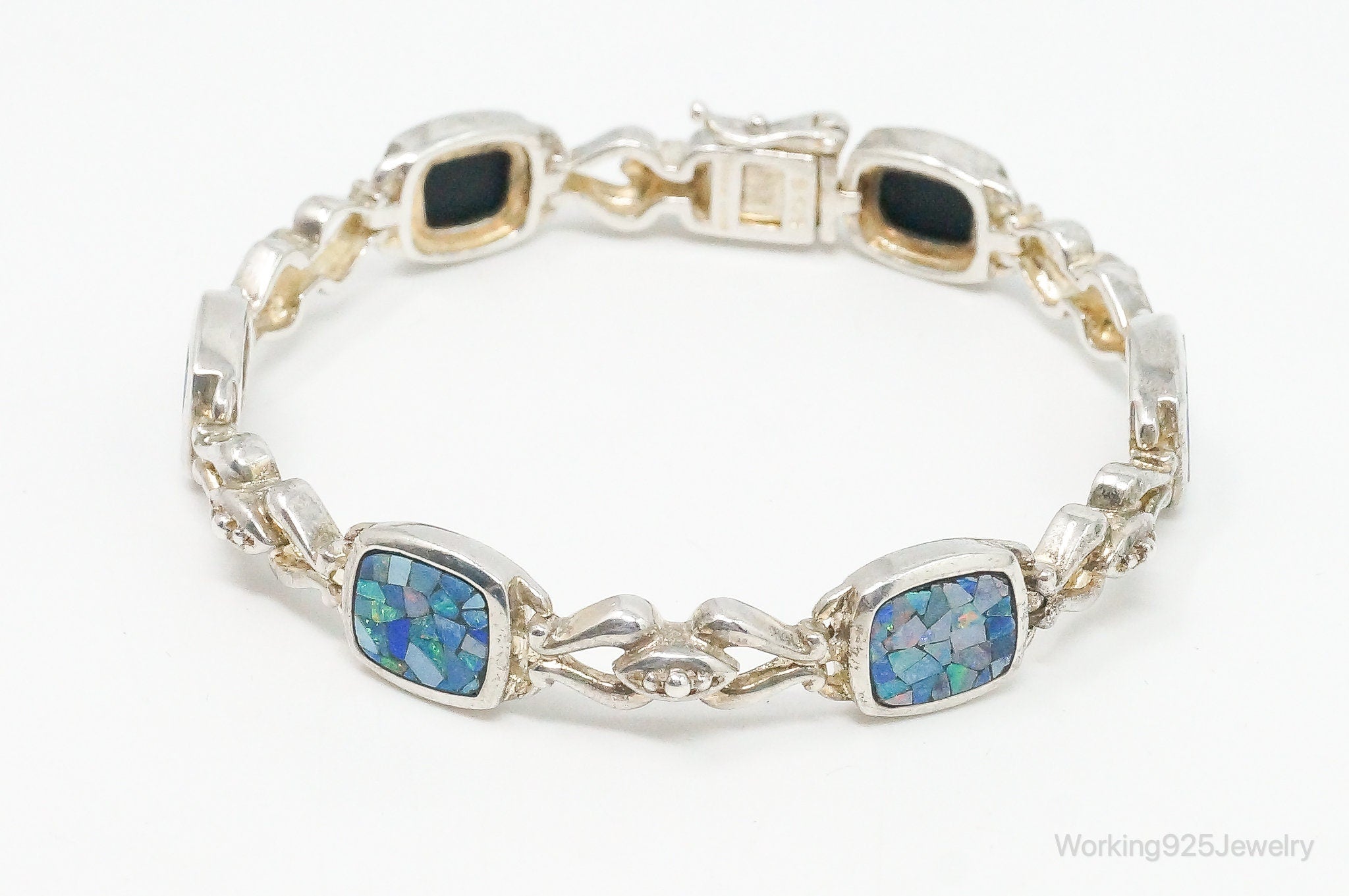 Vintage Mosaic Blue Fire Opal Inlay Sterling Silver Bracelet