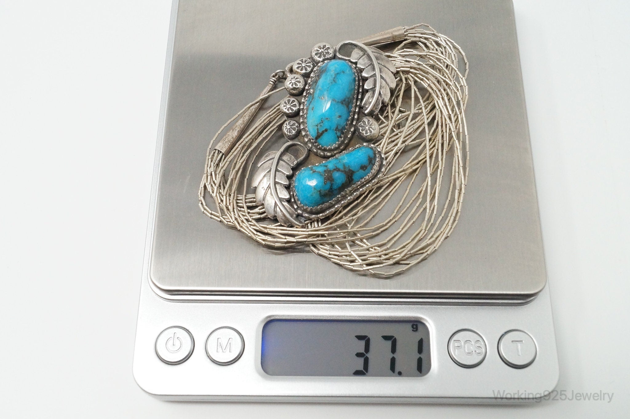 VTG Handmade Native American JH Large Turquoise Sterling Silver Necklace