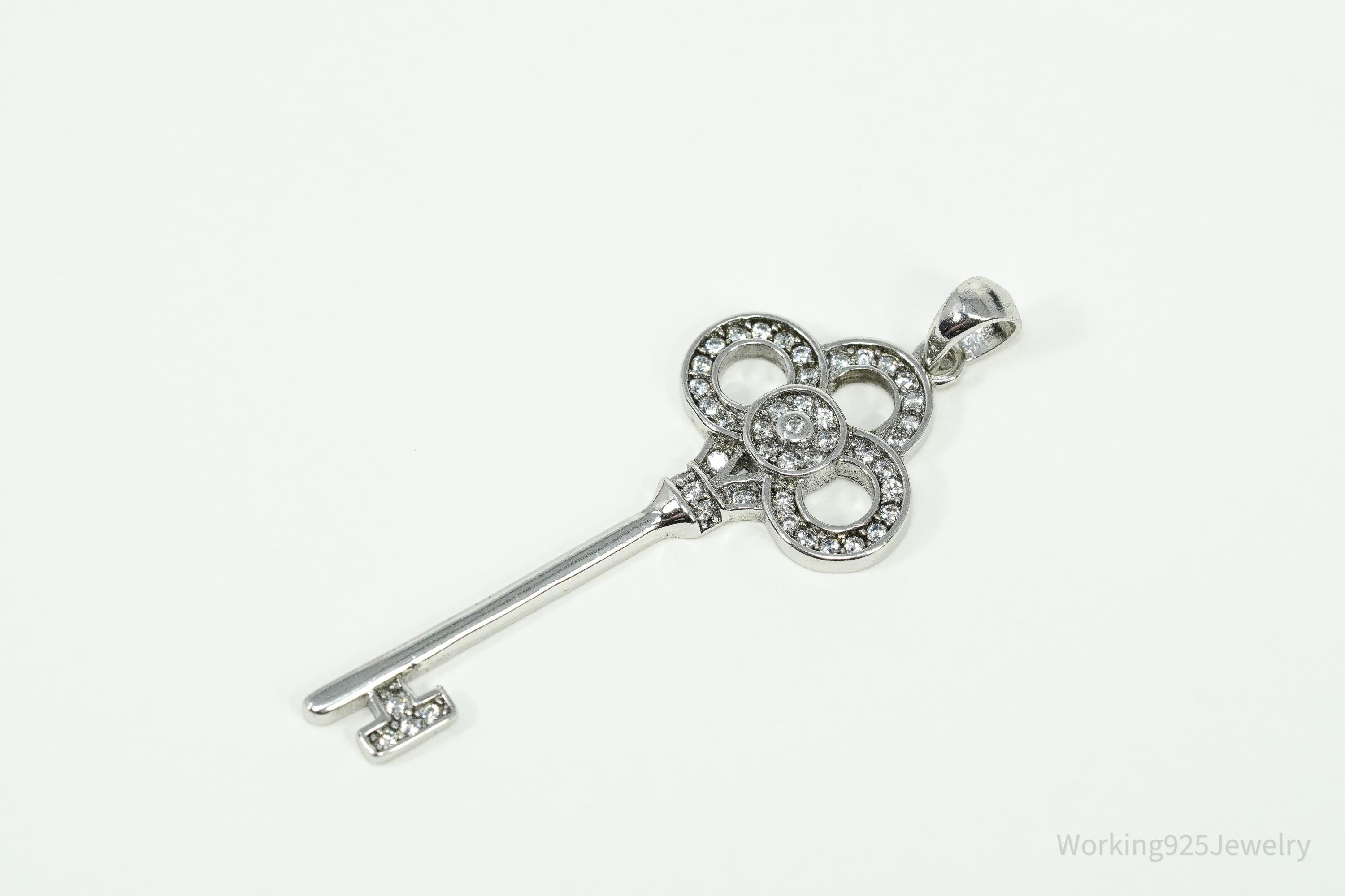 Vintage Cubic Zirconia Sterling Silver Key Pendant 1 11/16"
