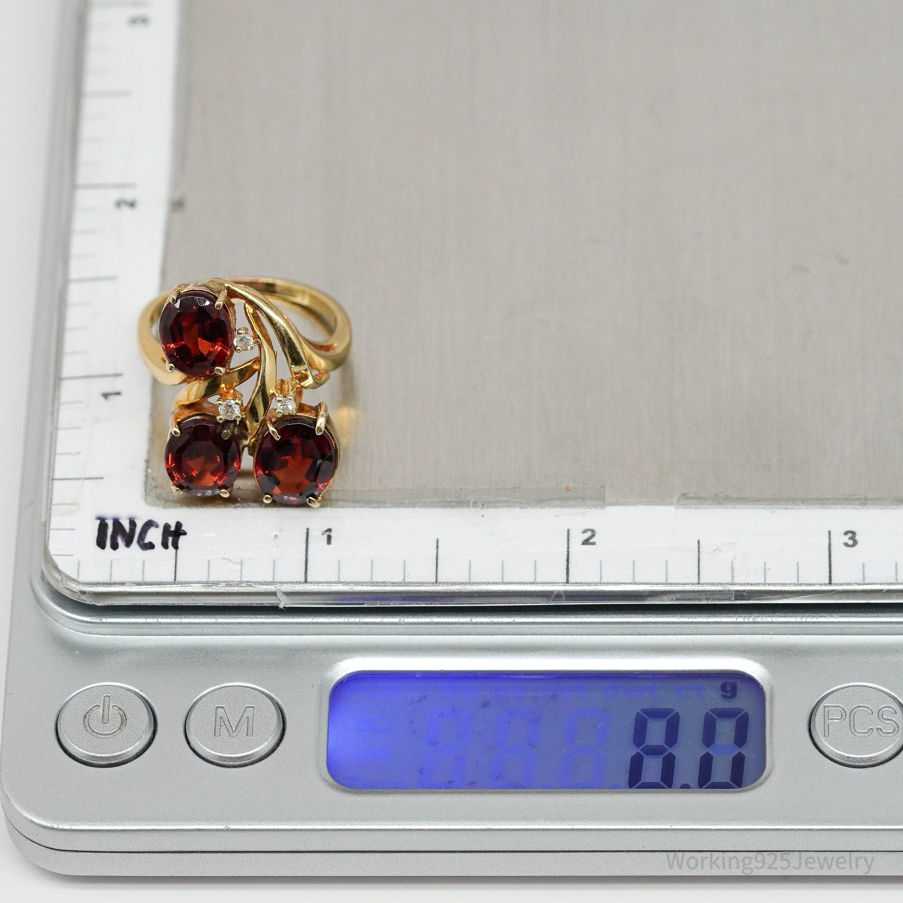 14K Yellow Gold, Diamond, & Spessartine Garnet Ring - Size 8.25