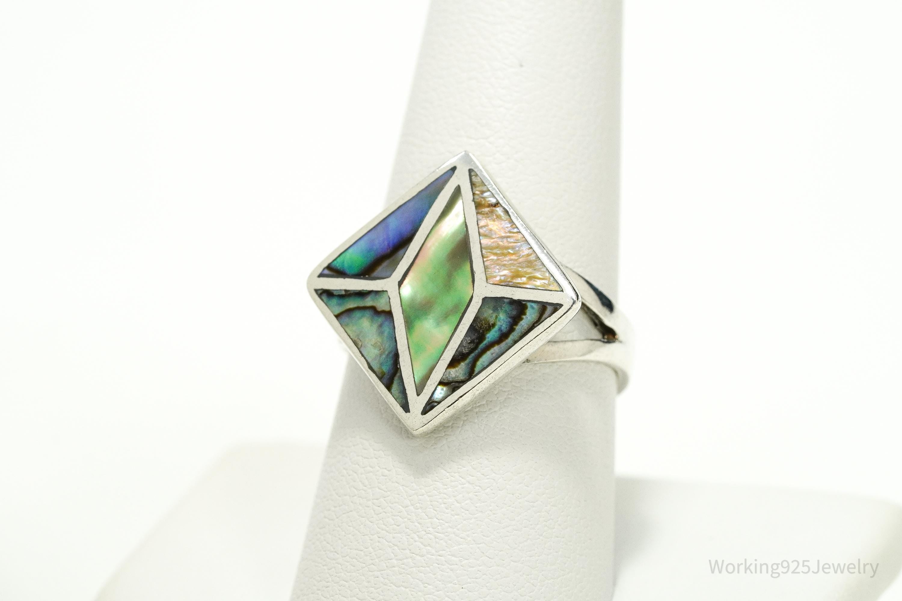 Vintage Paua Abalone Shell Inlay Sterling Silver Ring - Size 8.5