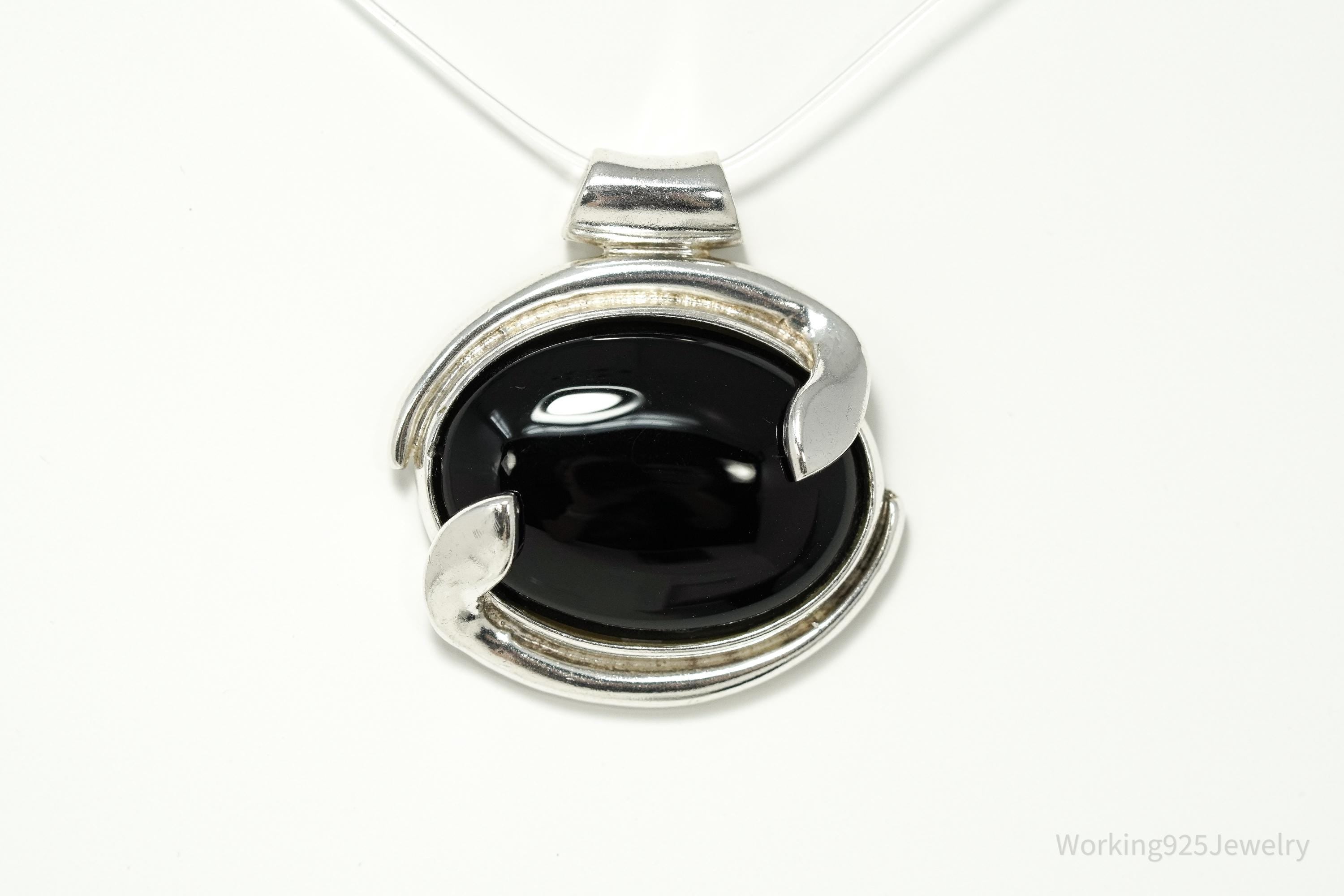 Large Vintage Modernist Style Black Onyx Sterling Silver Necklace Pendant 1.5"