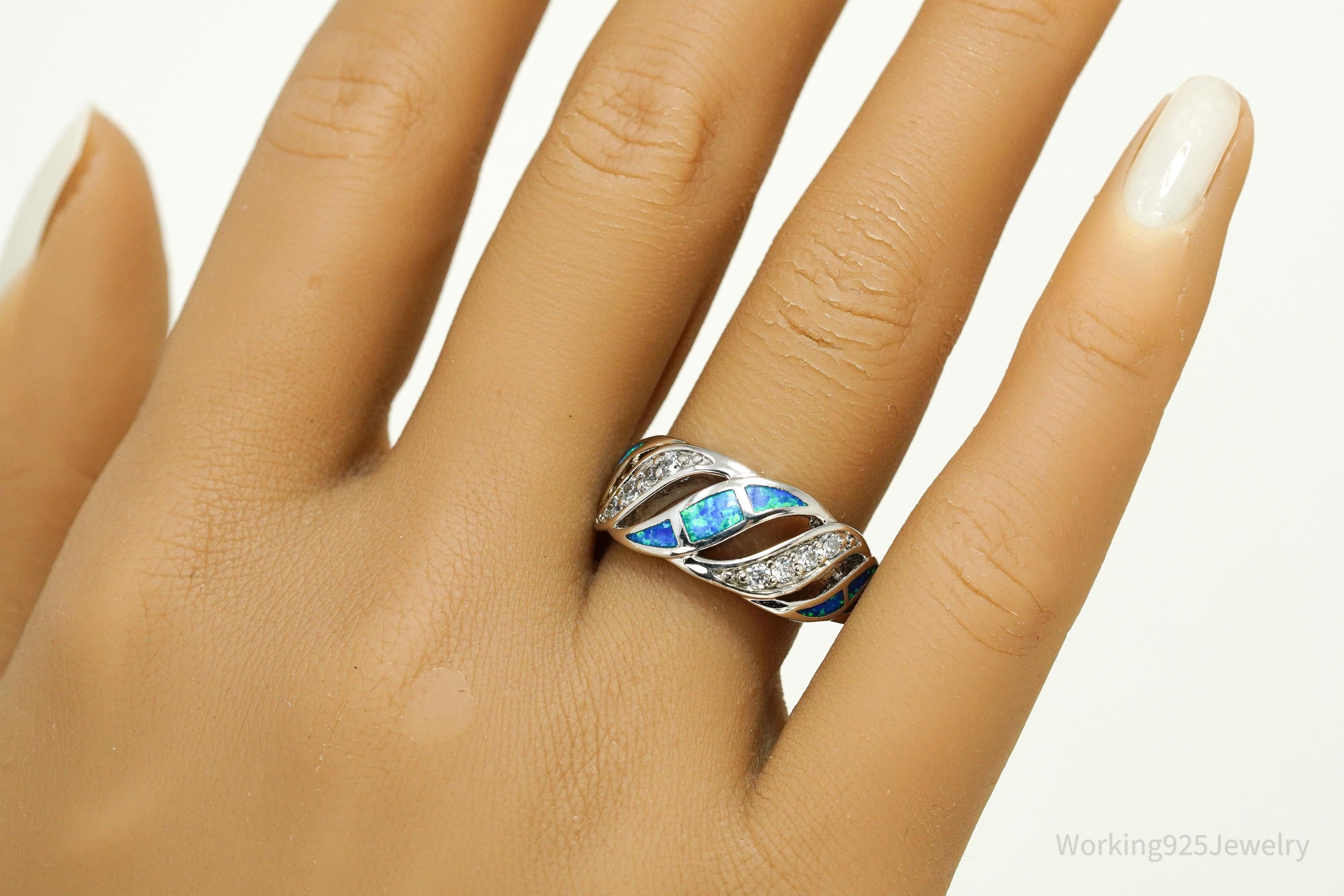 Vintage Cubic Zirconia & Opal Inlay Sterling Silver Ring - Size 8.5