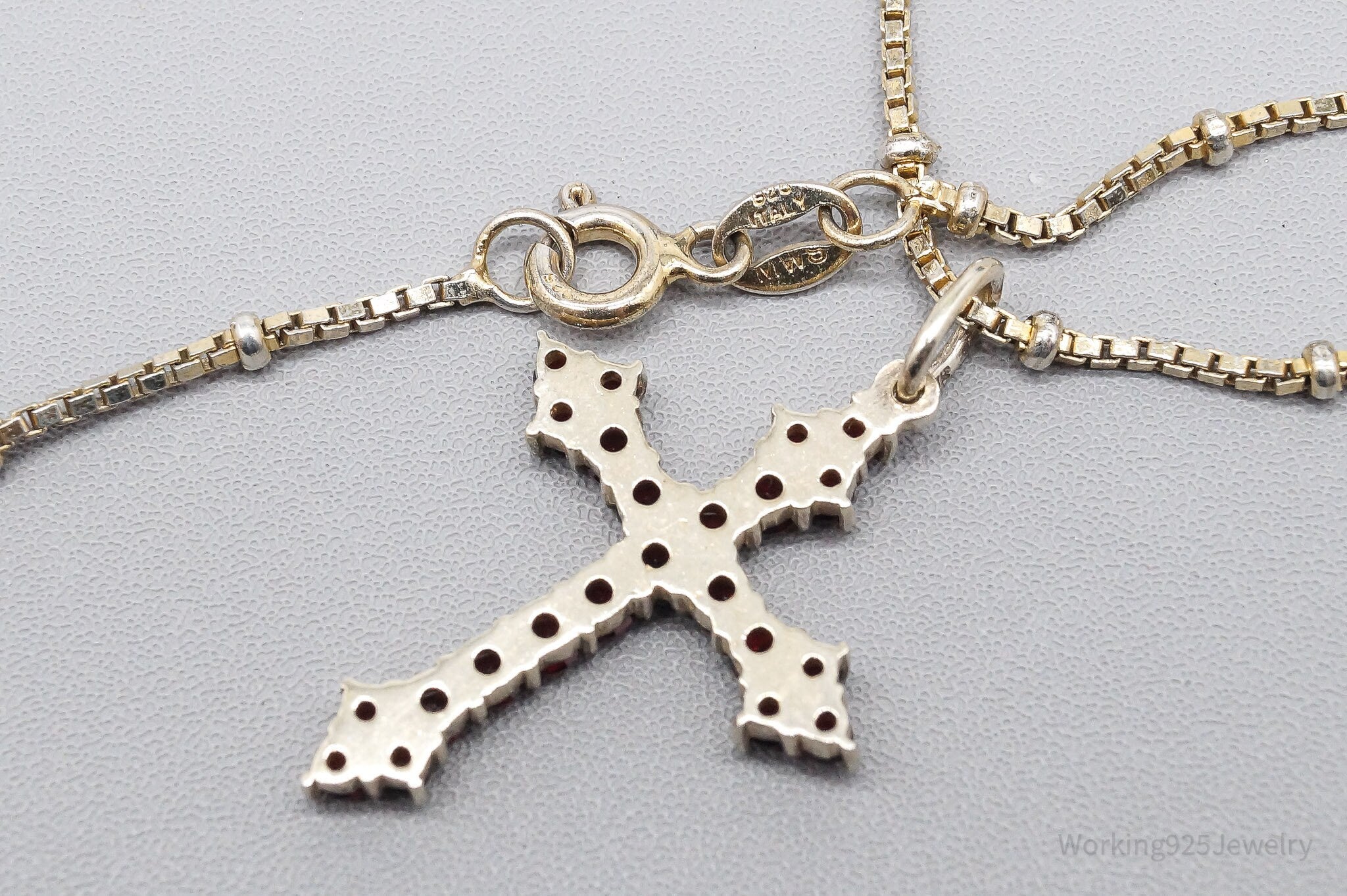 Antique Bohemian Garnet Gold Silver Cross Pendant Sterling Silver Necklace 18"