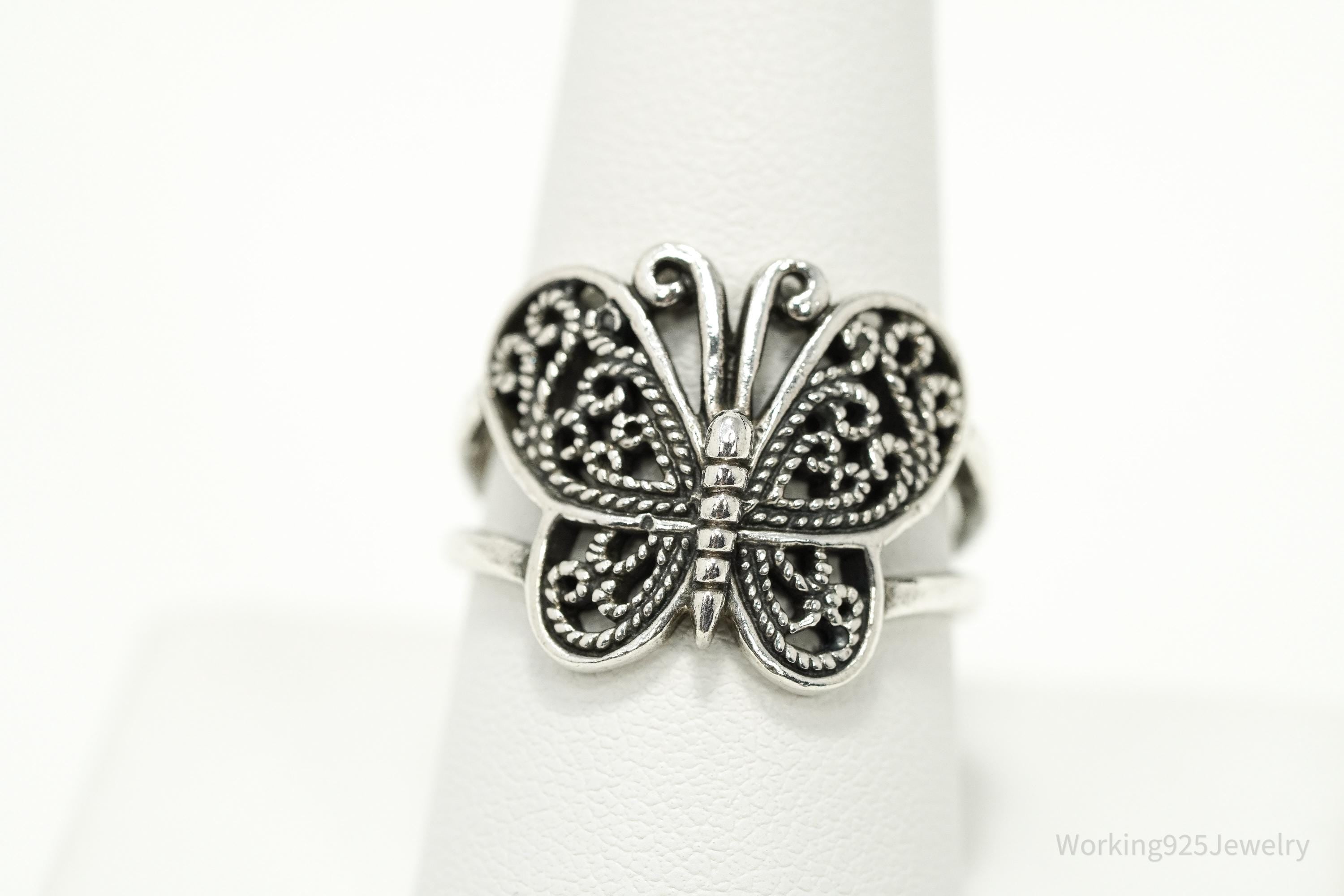 Vintage Filigree Butterfly Sterling Silver Ring - Size 9.25