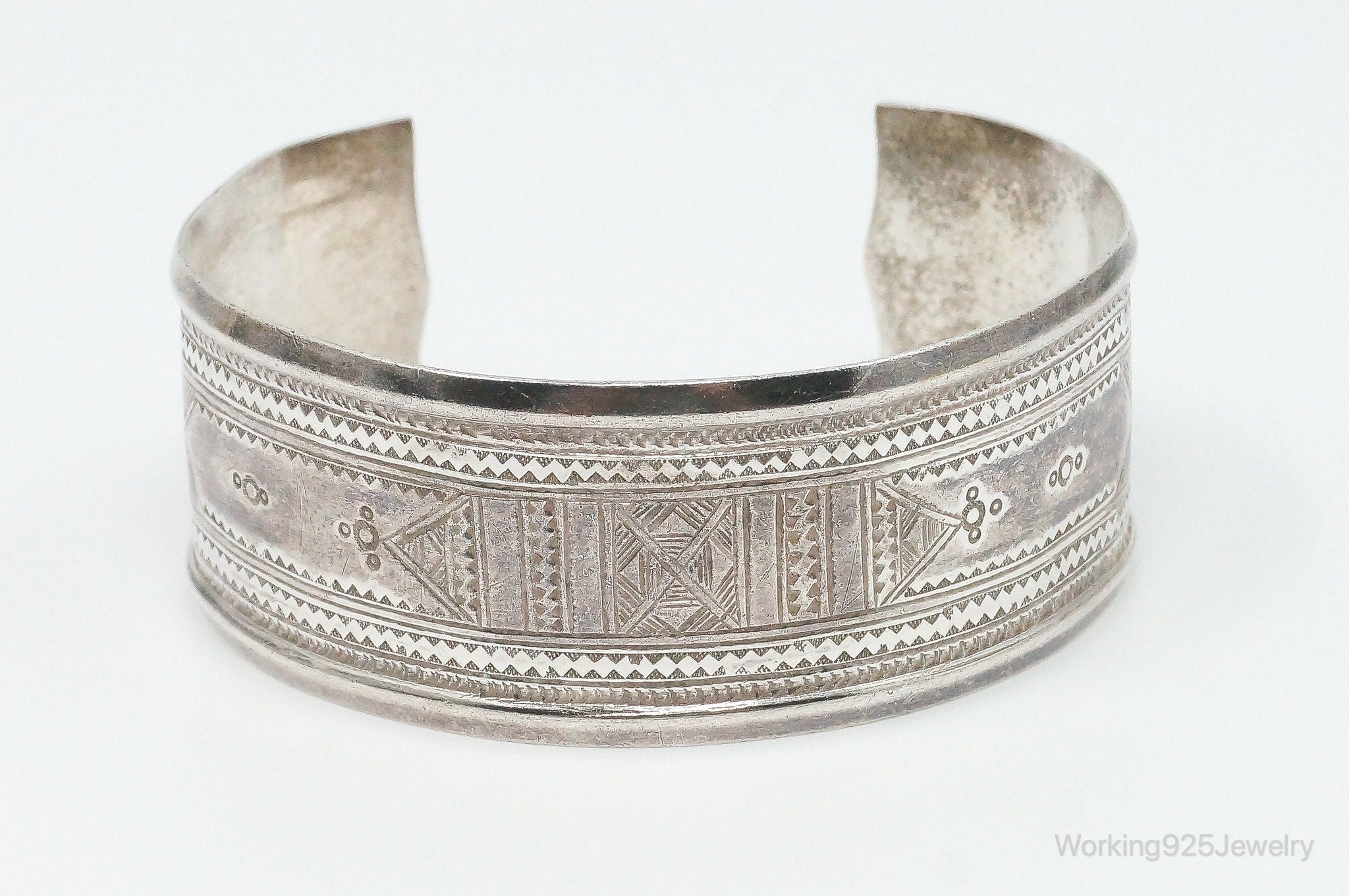 Vintage Southwestern Handmade Tribal Etched Sterling Silver Cuff Bracelet