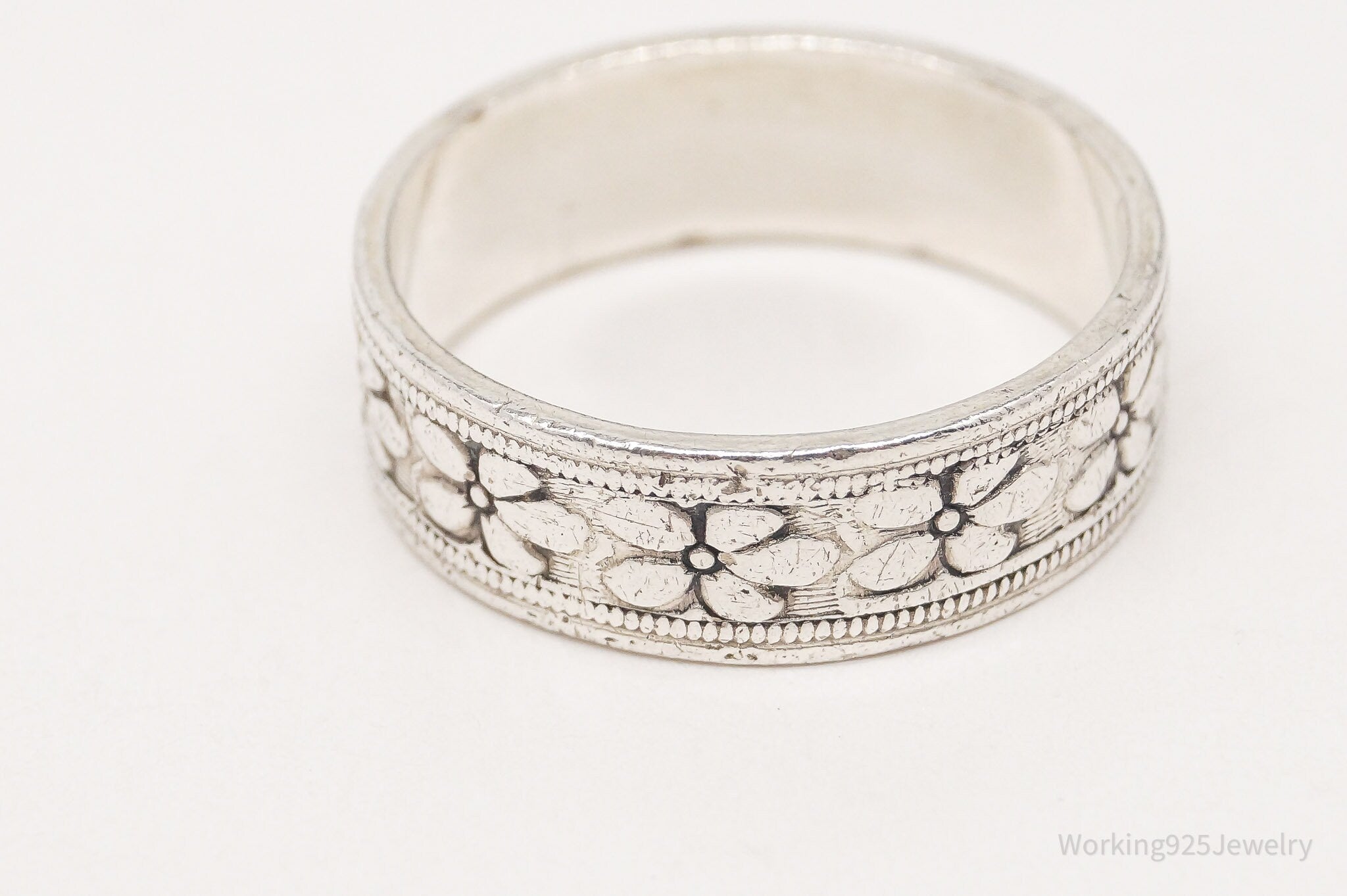 Antique Art Nouveau Floral Pattern Sterling Silver Band Ring - Size 7.25