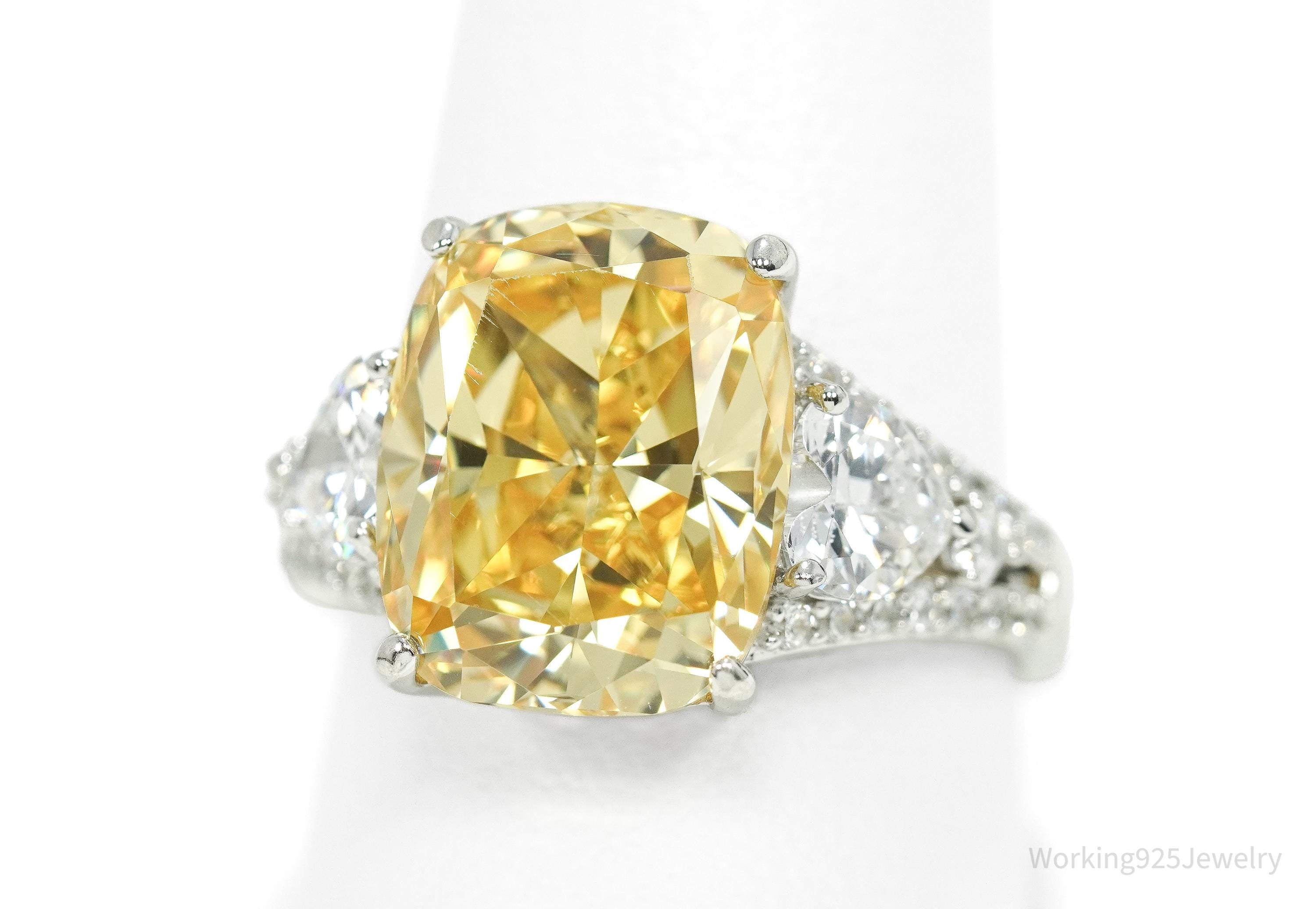 Vintage Large Yellow & White Cubic Zirconia Sterling Silver Ring - Size 10.25