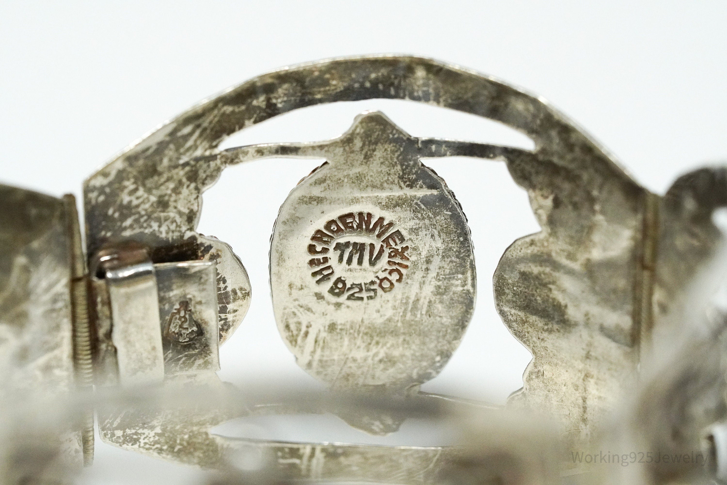 Vintage Mexico Glass Turquoise Sterling Silver Bracelet - 6.75"