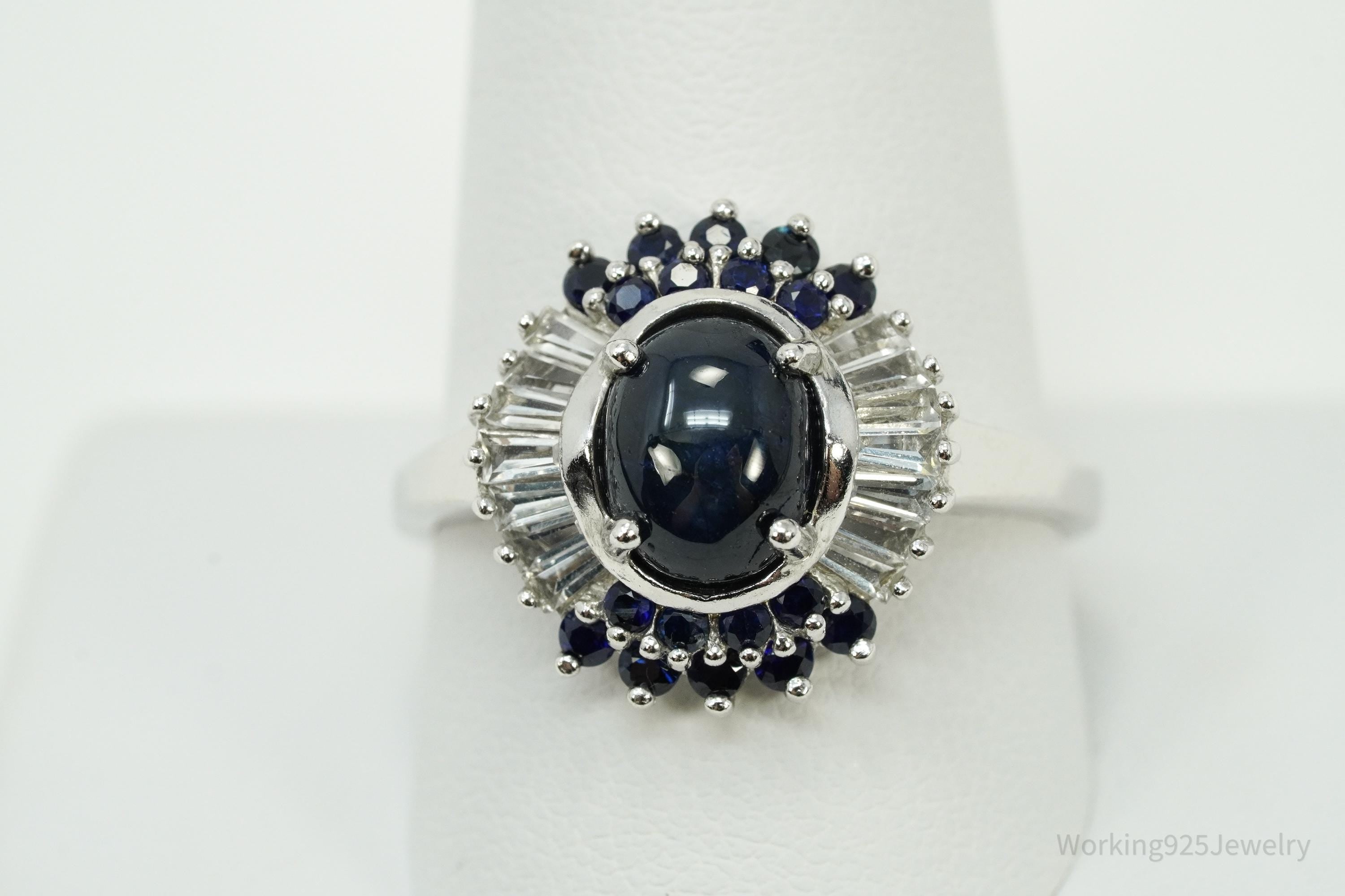 Blue Star Sapphire & White Zircon Sterling Silver Ring - Size 10.75