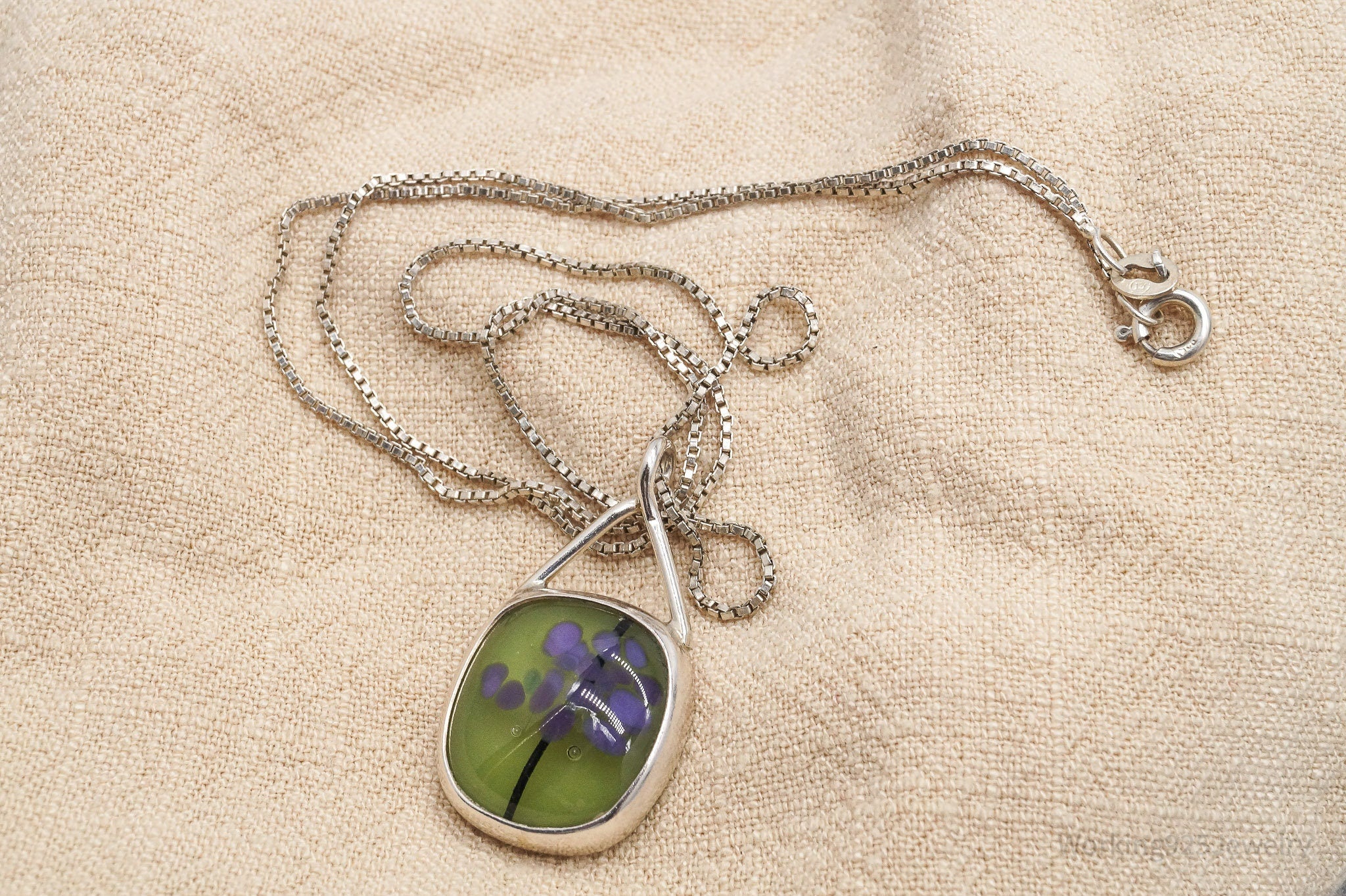 Vintage Abstract Glass Sterling Silver Necklace 17"