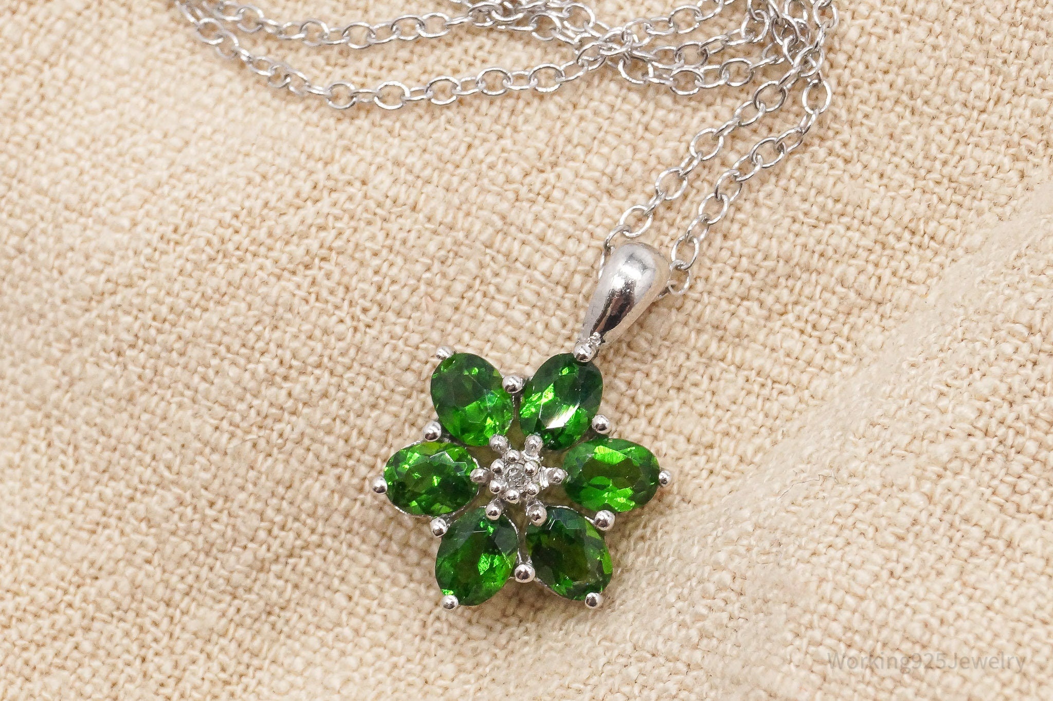 Vintage Green Chrome Diopside Diamond Sterling Silver Flower Necklace 18"