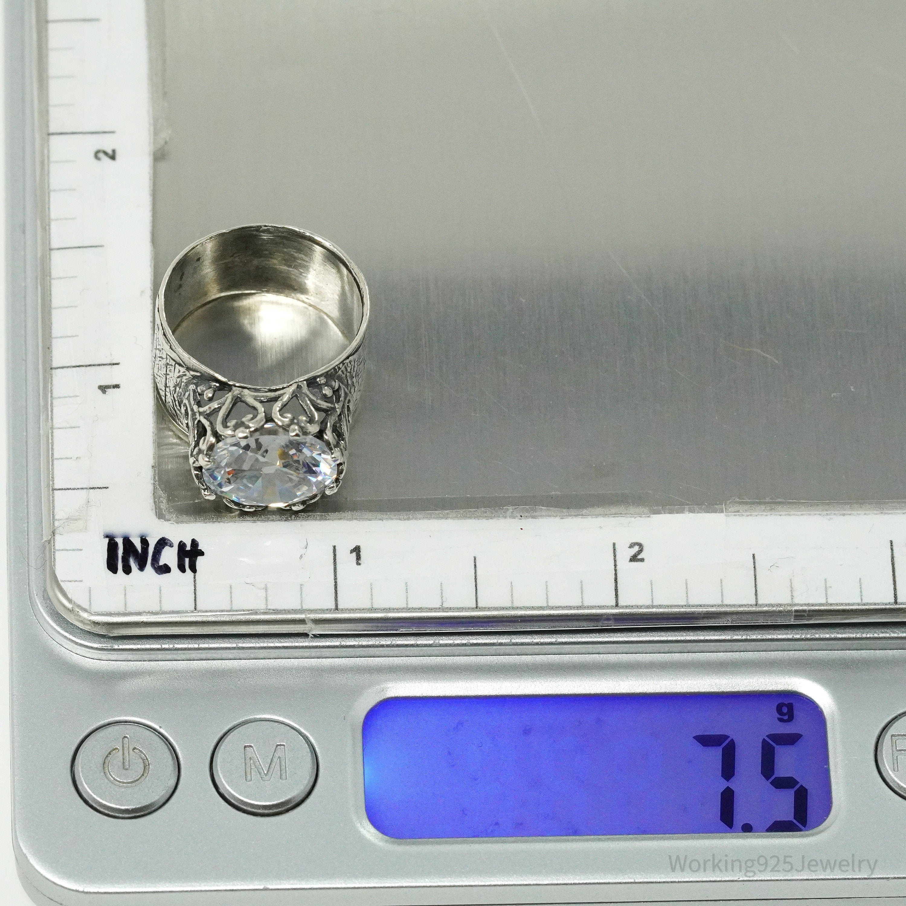 Vintage Designer Large Cubic Zirconia Sterling Silver Ring - Size 7.5