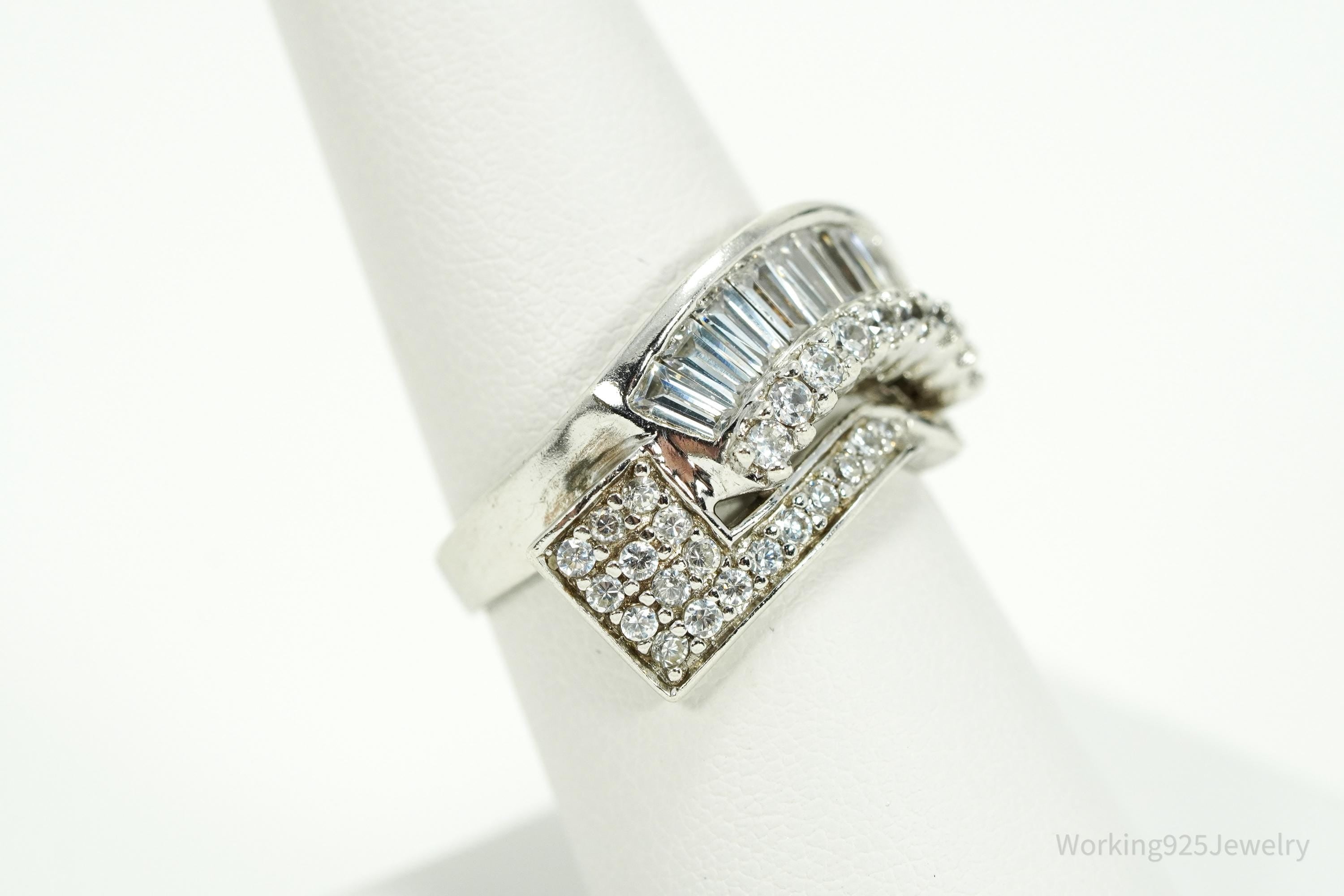 Vintage Cubic Zirconia Sterling Silver Statement Ring - Sz 7.5