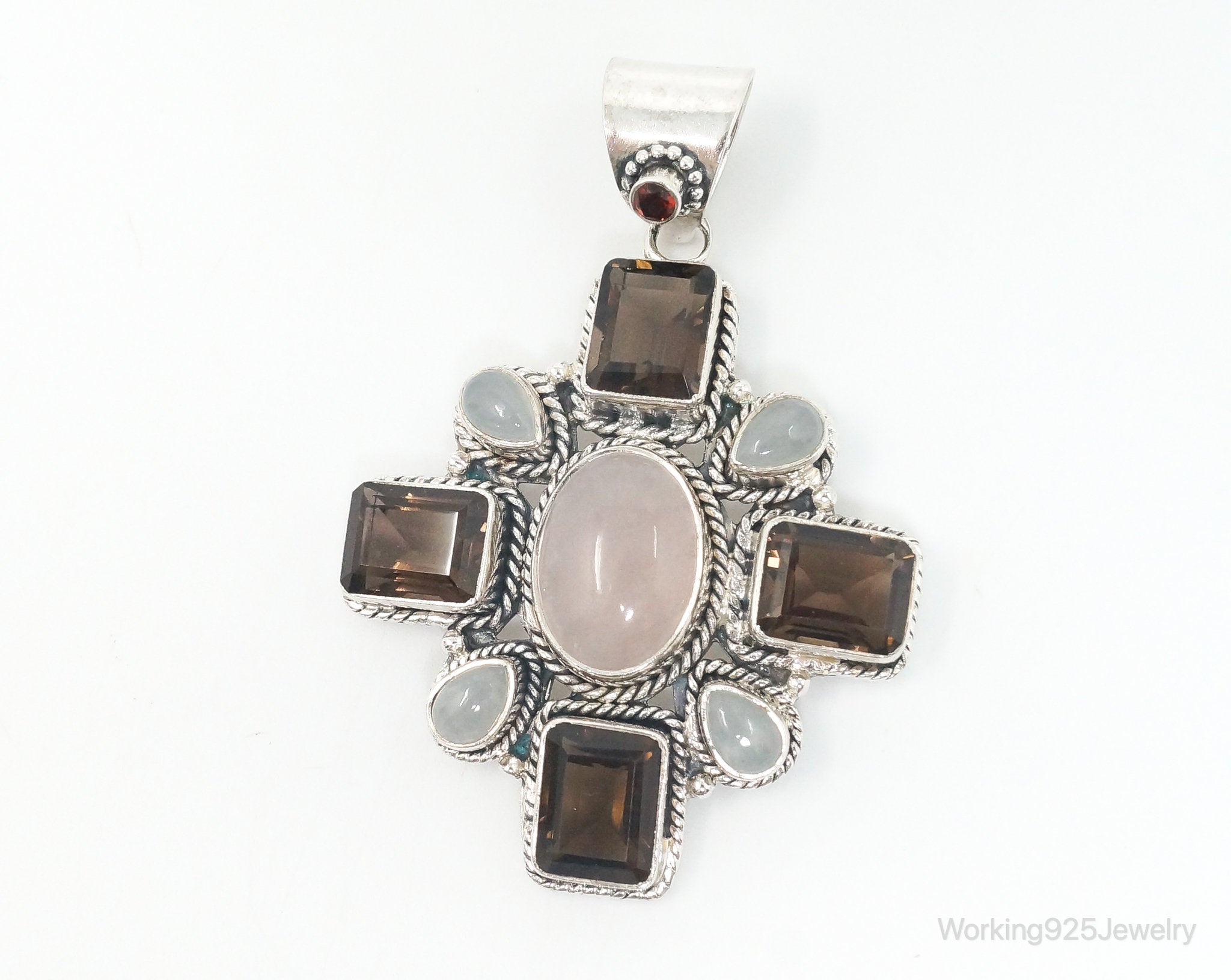 Vintage Smoky Topaz Rose Quartz Southwestern Cross Sterling Silver Pendant