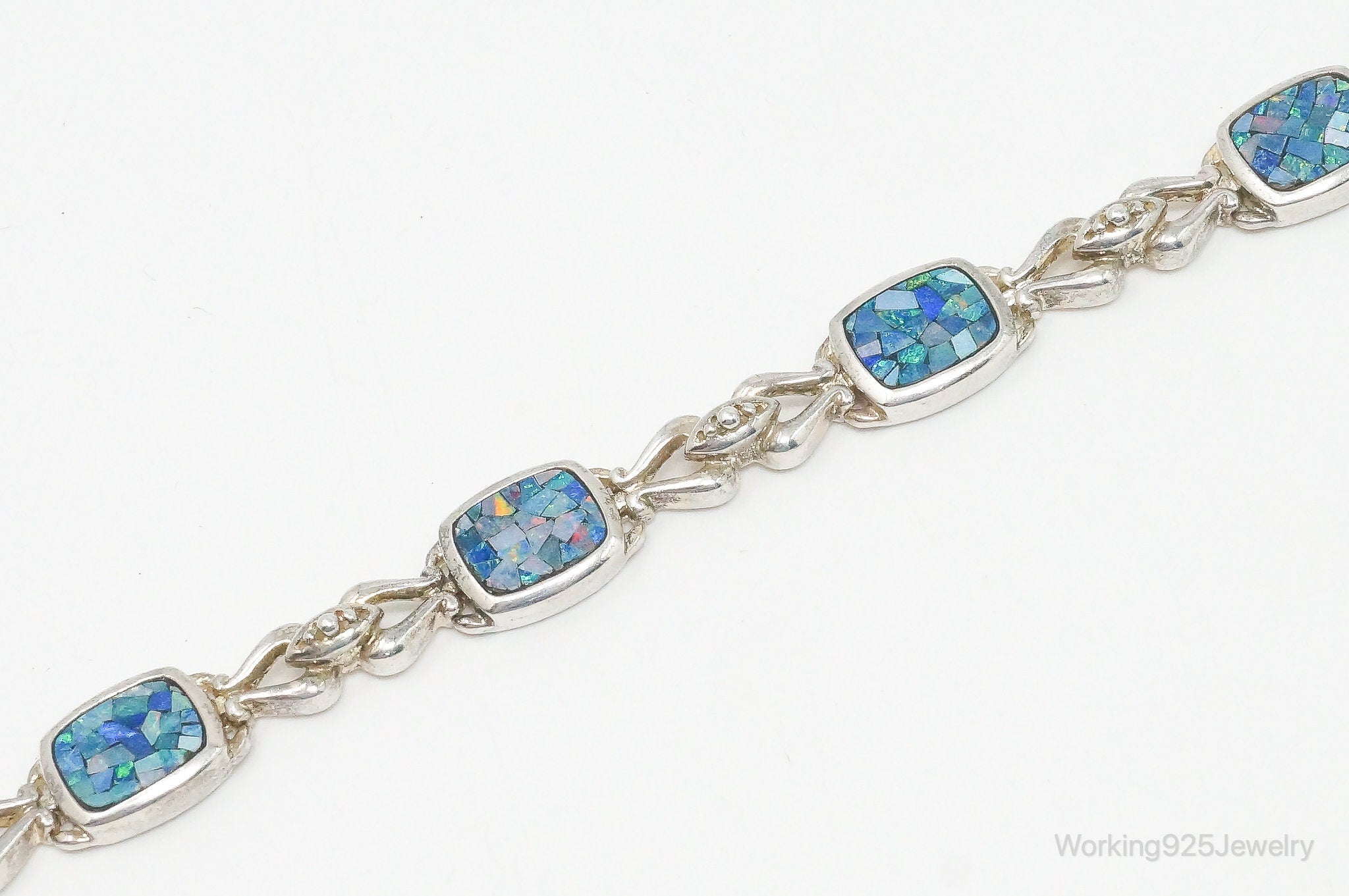 Vintage Mosaic Blue Fire Opal Inlay Sterling Silver Bracelet