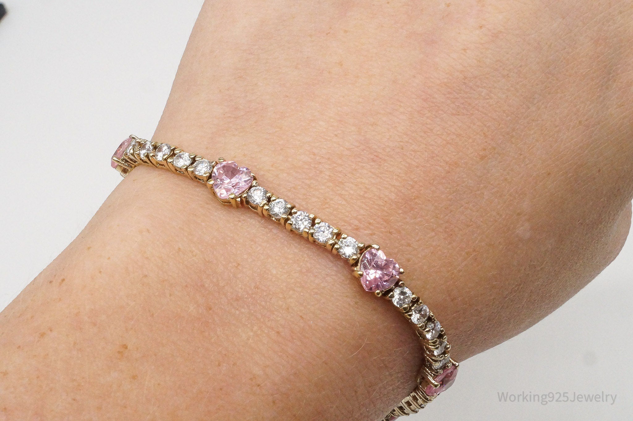 Vintage Pink & White Cubic Zirconia Gold Vermeil Sterling Silver Bracelet