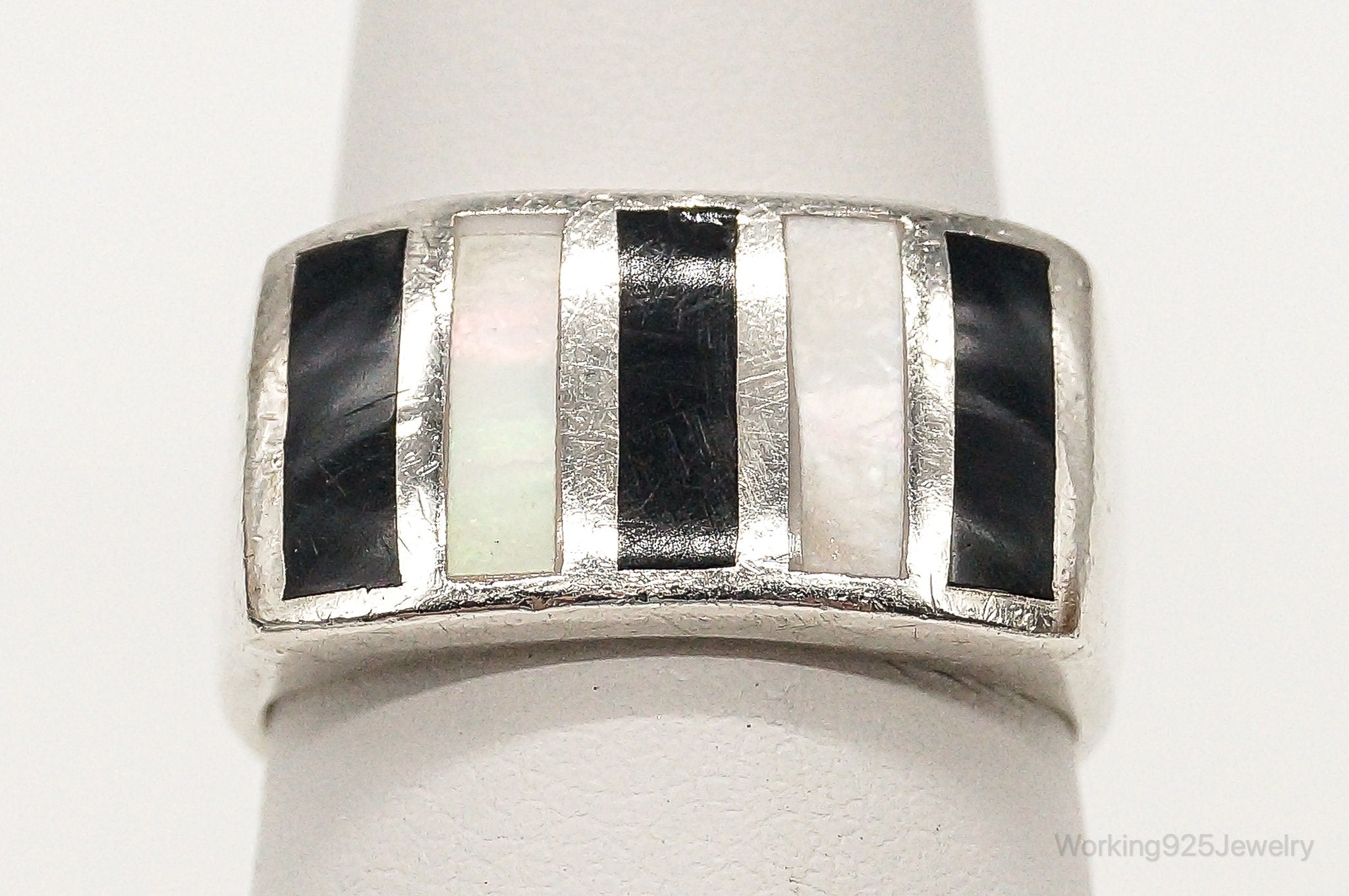 Vintage Mother Of Pearl Black Onyx Sterling Silver Ring - SZ 5.75