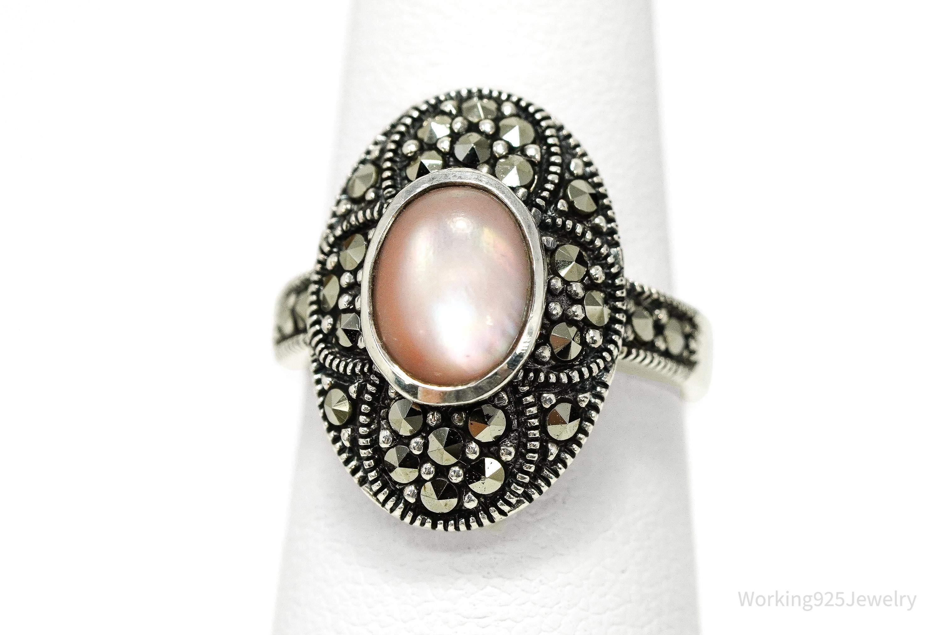 Vintage Pink Mother Of Pearl & Marcasite Sterling Silver Ring - Size 5.75