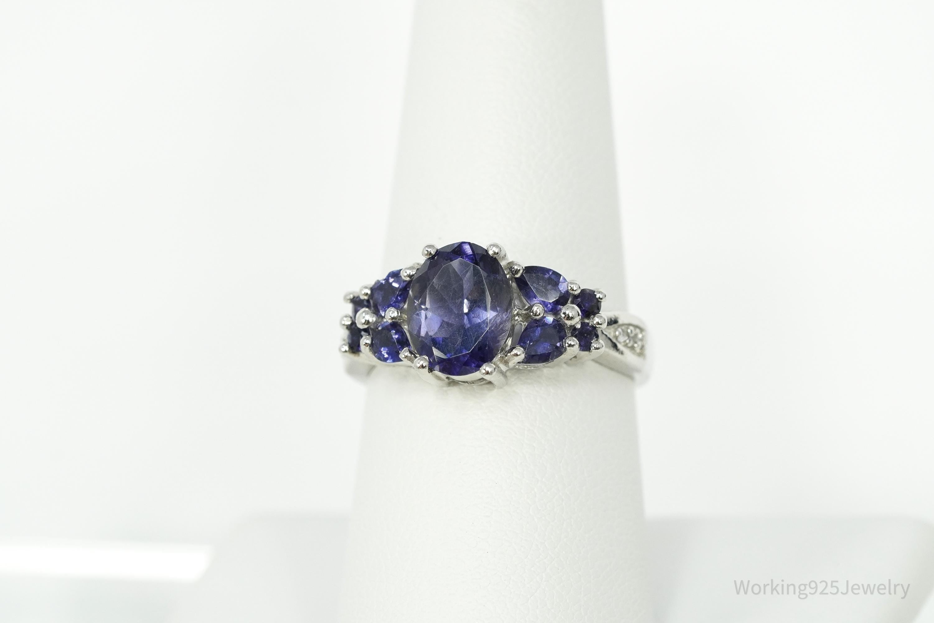 Iolite & White Zircon Rhodium Over Sterling Silver Ring - Size 7.75