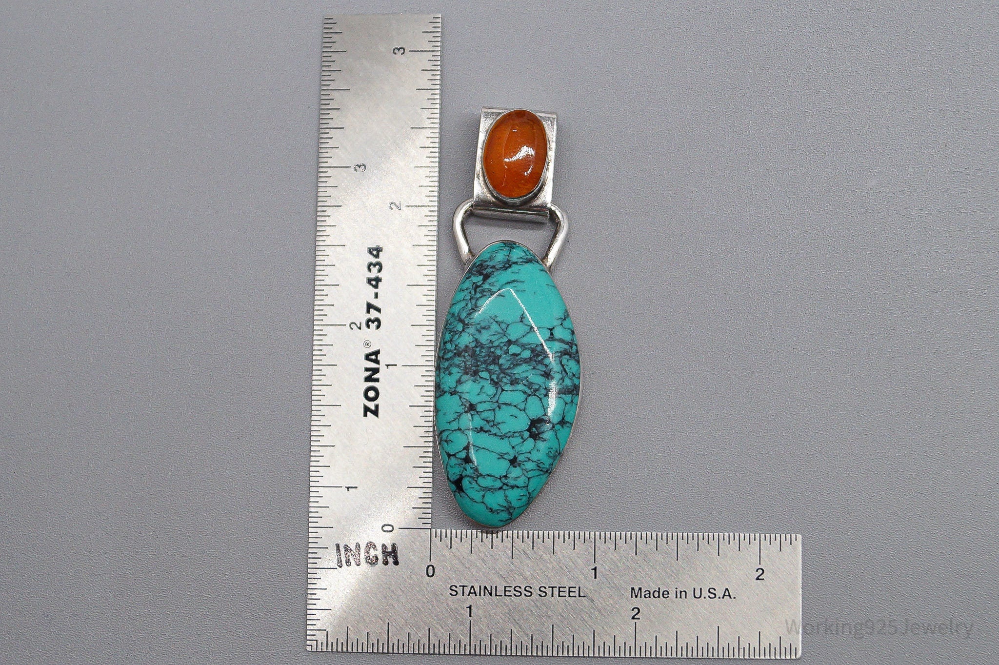Large Vintage Mexico Modernist HOB Turquoise Carnelian Sterling Silver Pendant
