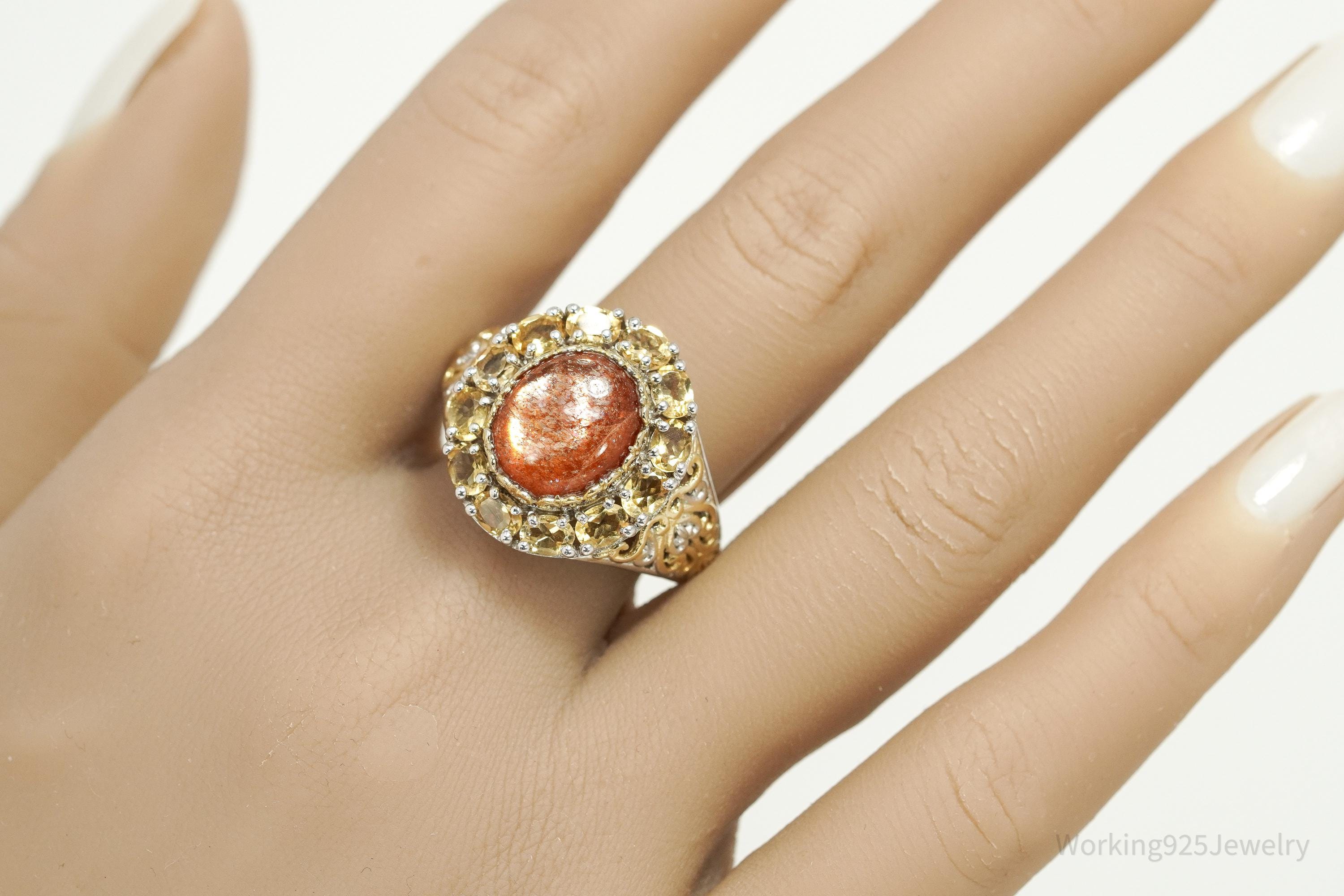 Vintage Goldstone & Citrine Gold Vermeil Sterling Silver Ring - Size 10.25