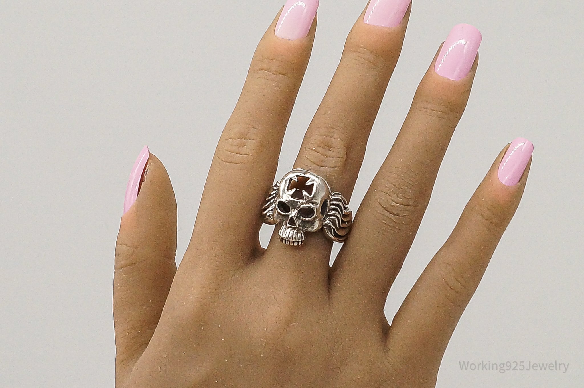 Vintage Skull & Wings Sterling Silver Ring - Size 9.5