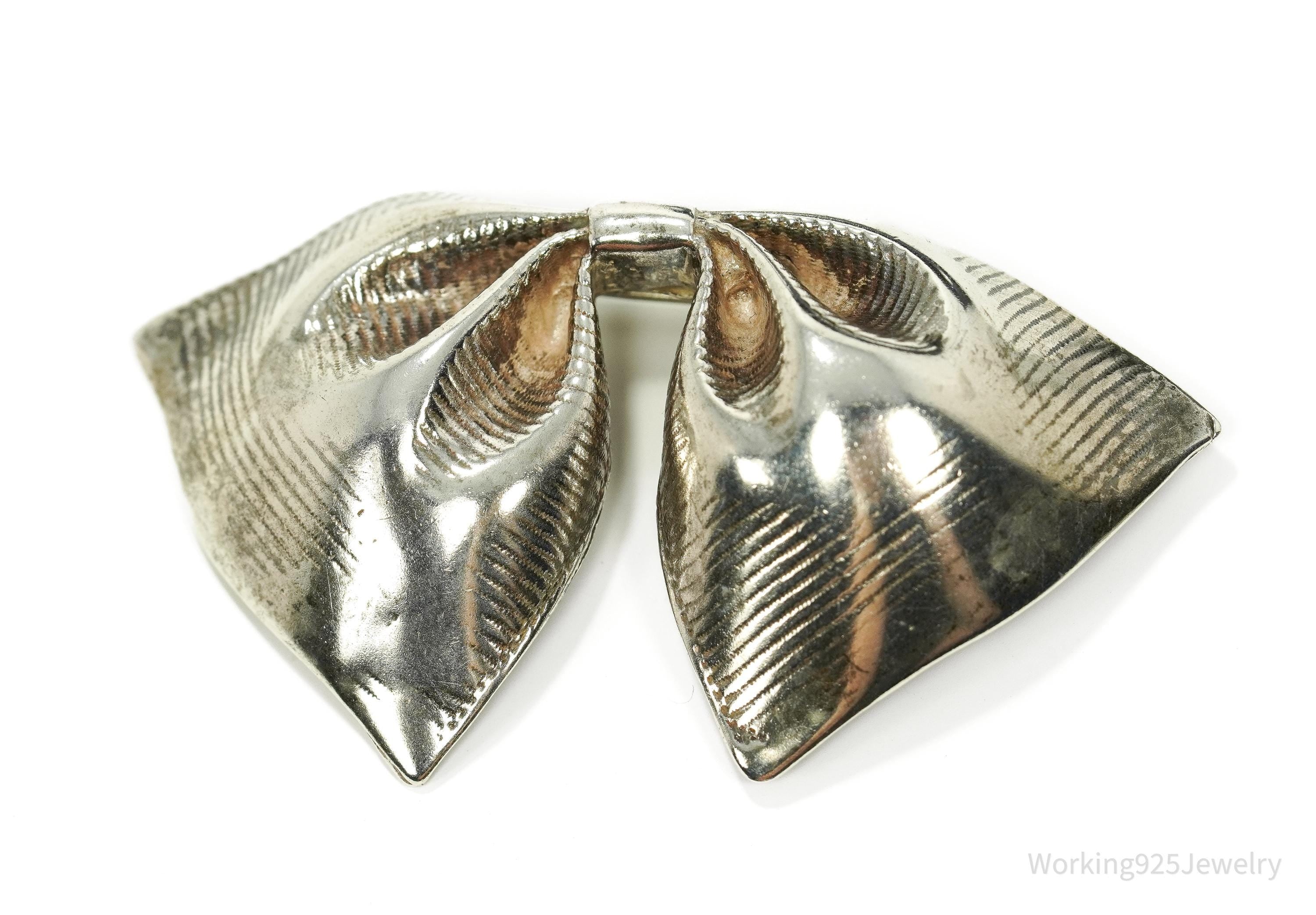 Antique Large Bow Tie Sterling Silver Brooch Pin