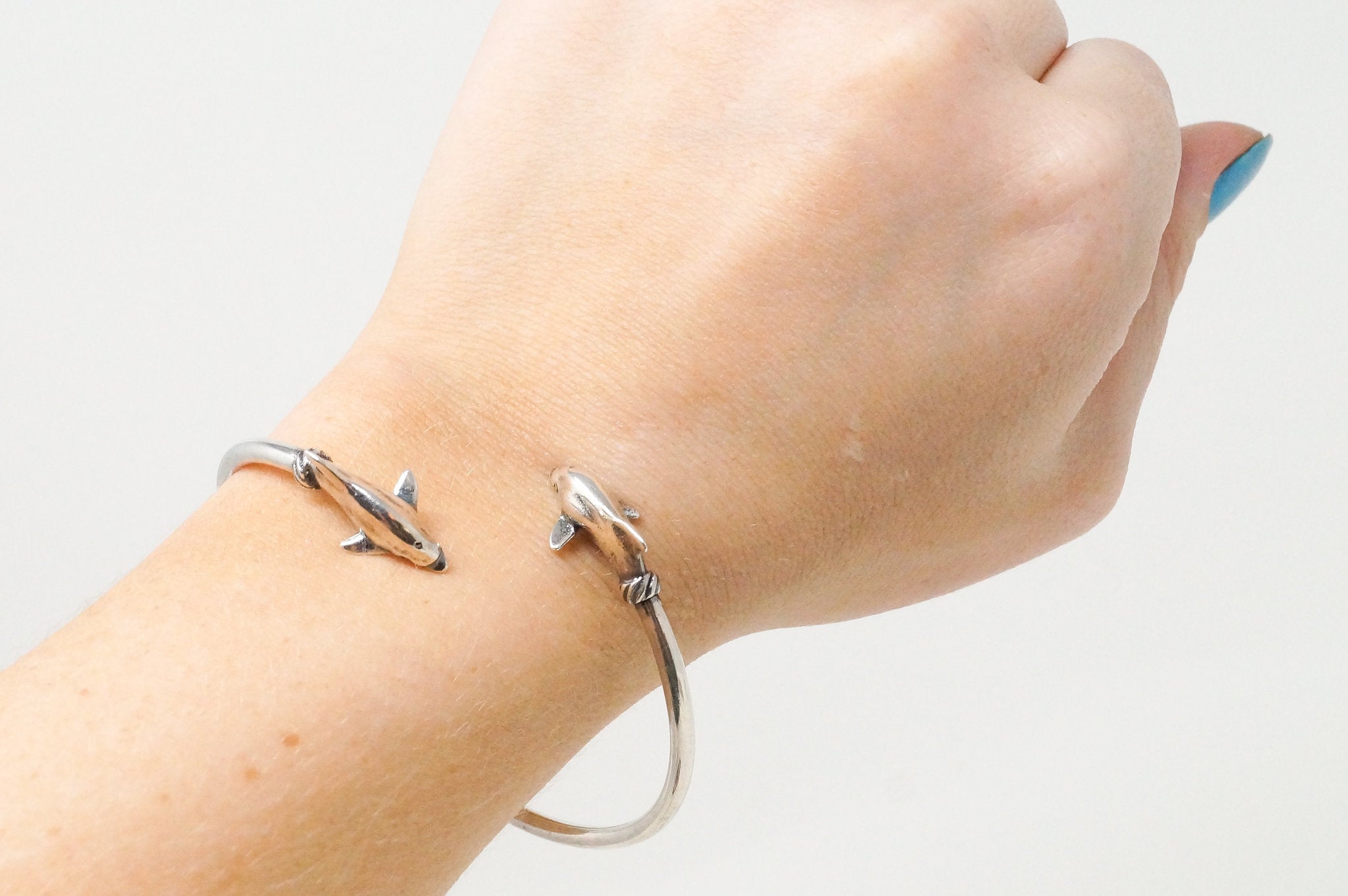 Vintage Designer KABANA Double Dolphin Sterling Silver Wrap Bracelet