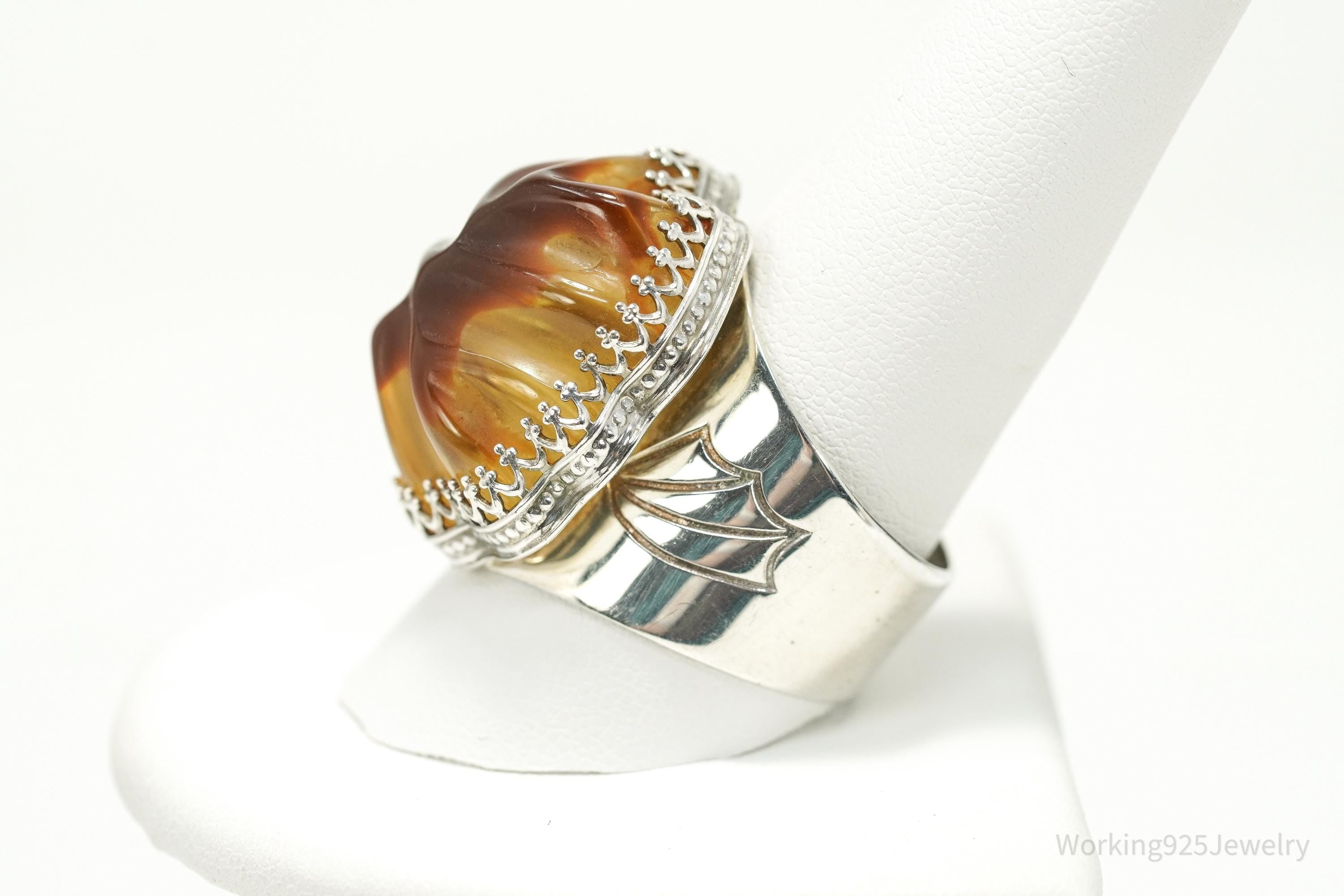 Vintage Jay King Mine Finds Sterling Silver Amber Statement Ring Size 11