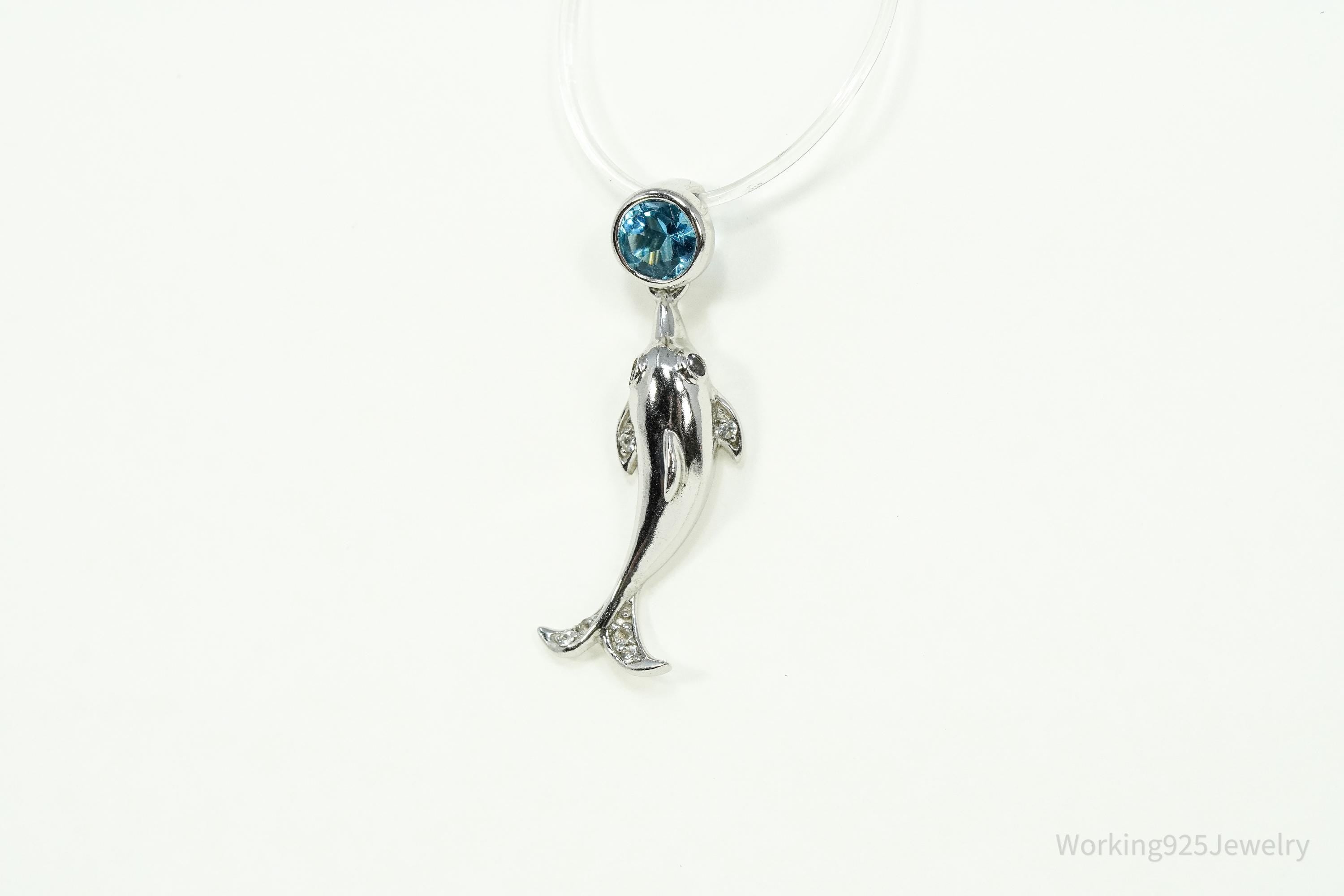 Vintage Blue Topaz Dolphin Sterling Silver Necklace Pendant 1 1/8"