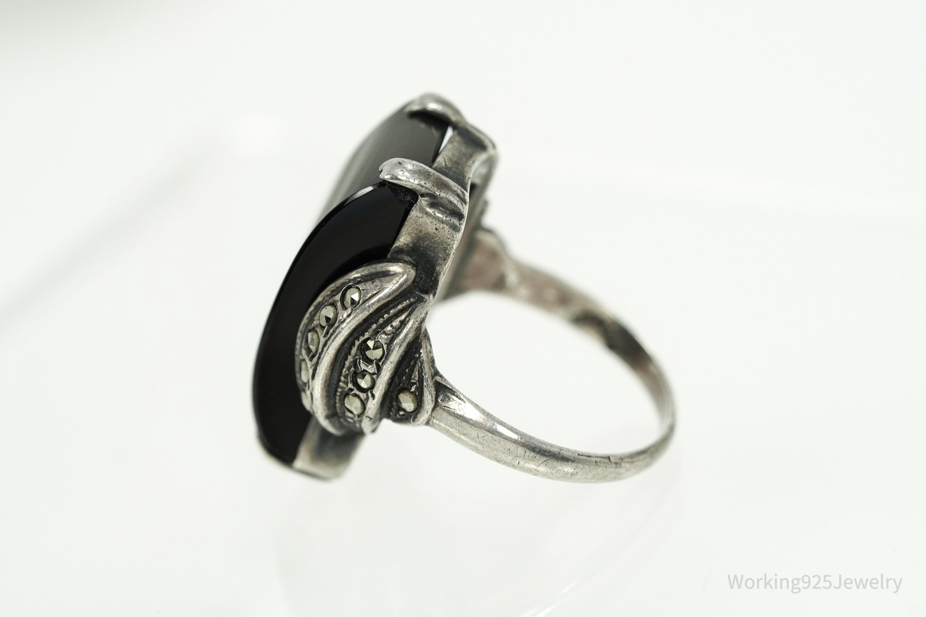 Antique Art Deco Black Onyx & Marcasite Sterling Silver Ring - Size 4.5
