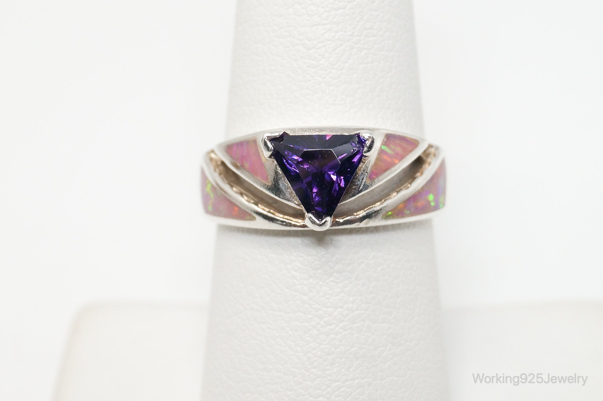 Vintage Mexico Purple CZ Ribbon Opal 950 Silver Ring - Size 7.25