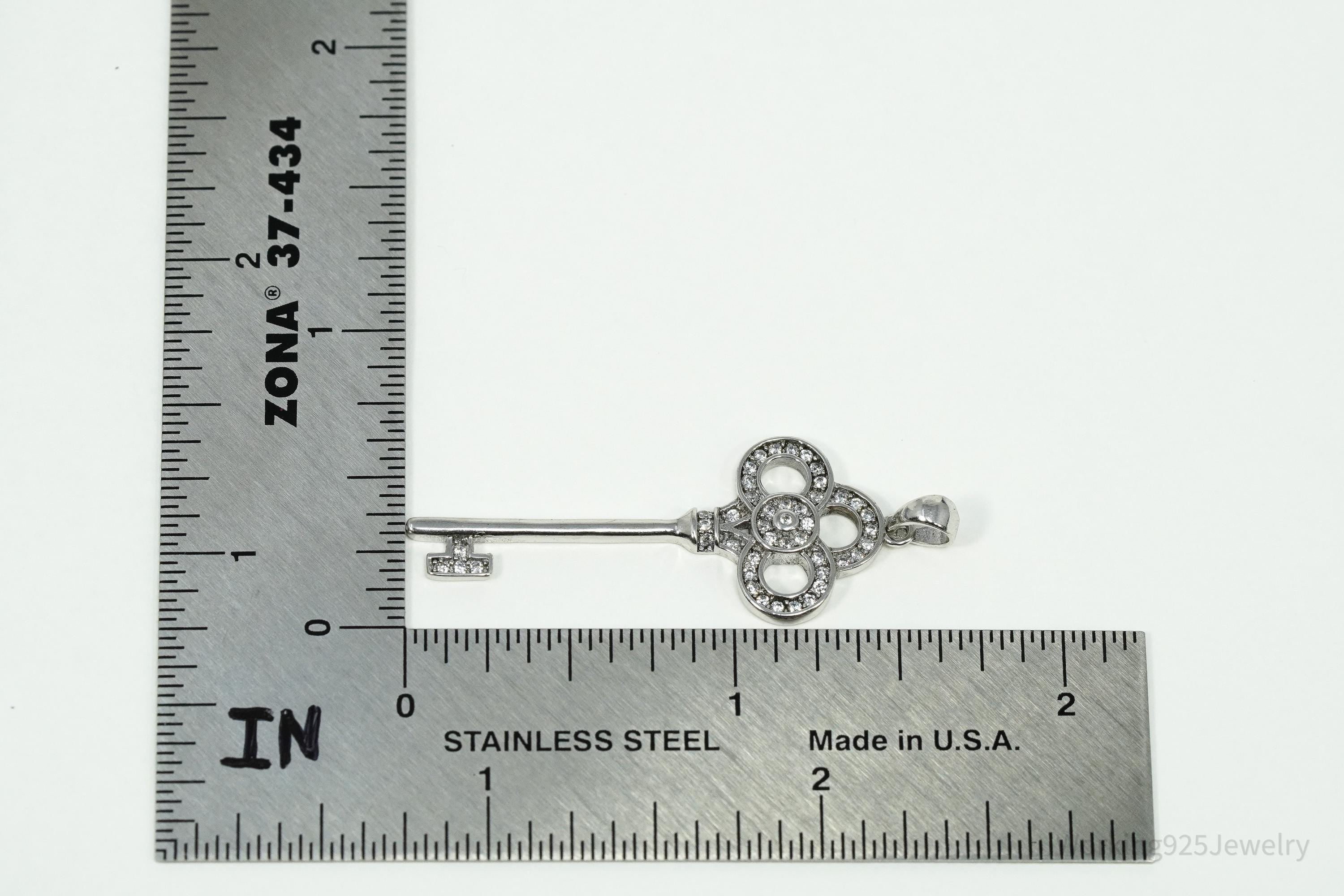 Vintage Cubic Zirconia Sterling Silver Key Pendant 1 11/16"