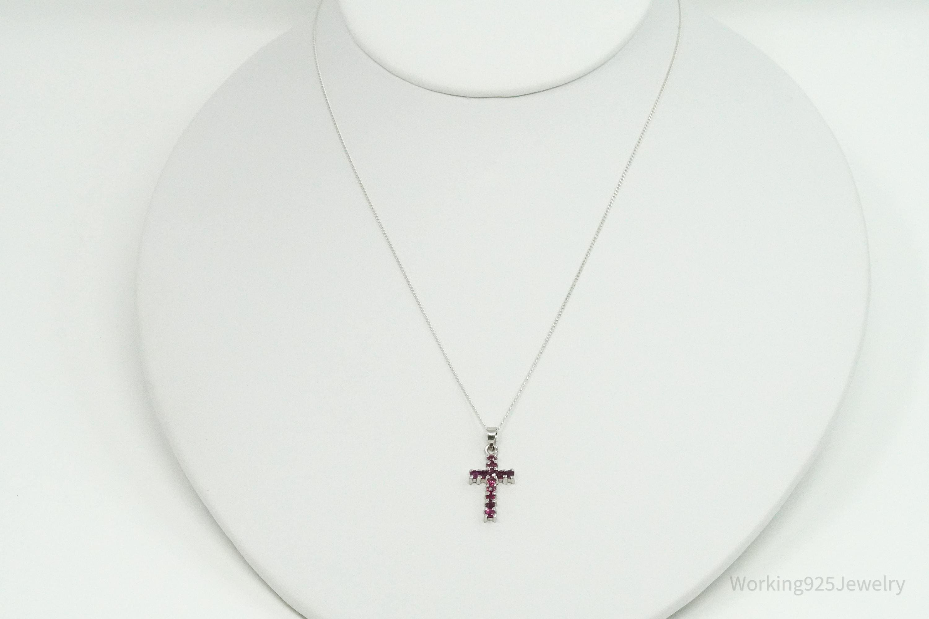 Vintage Ruby Cross Sterling Silver Necklace 16"