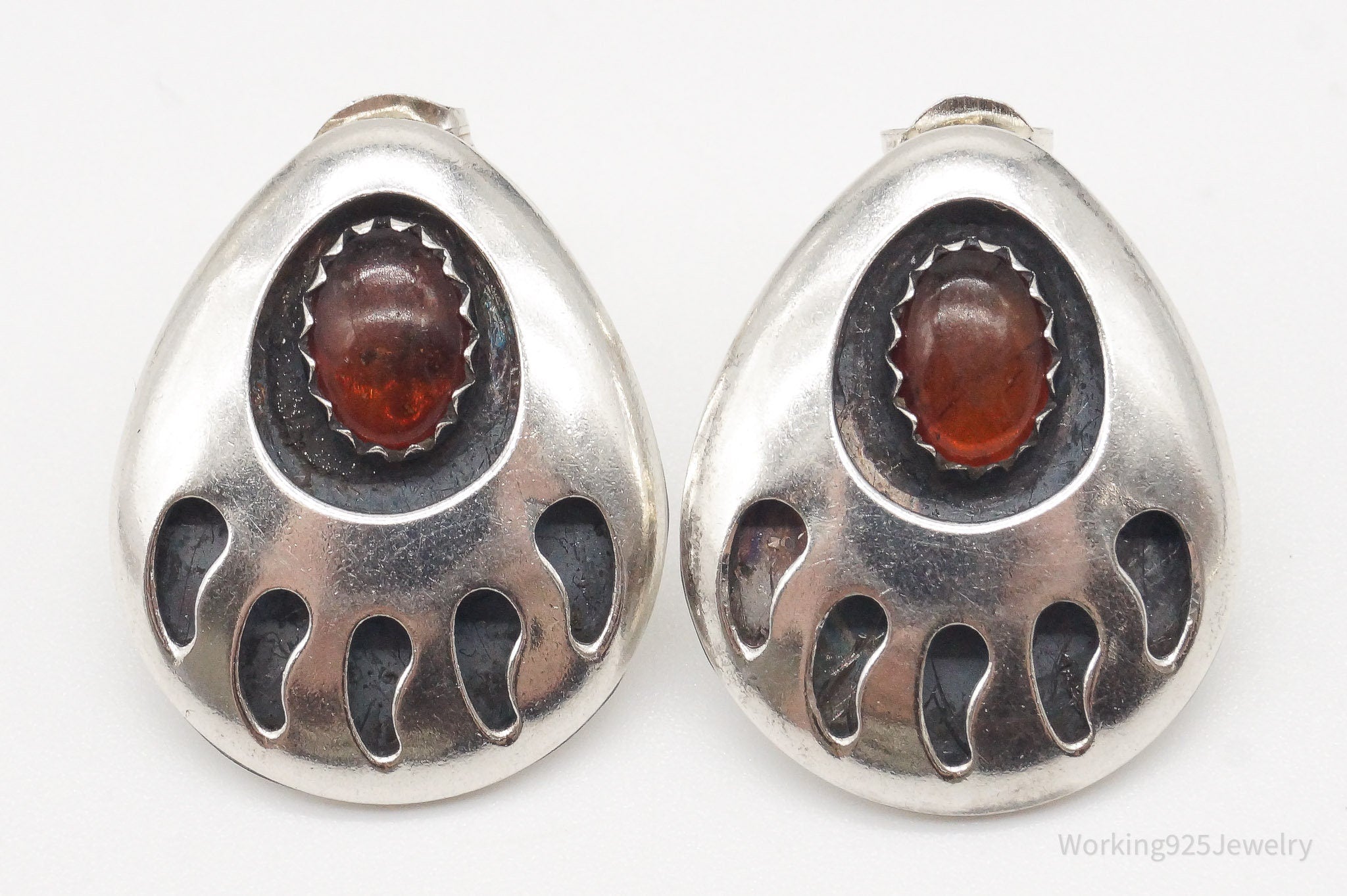 Vintage Native American Unsigned Amber Bear Paw Print Sterling Silver Earrings