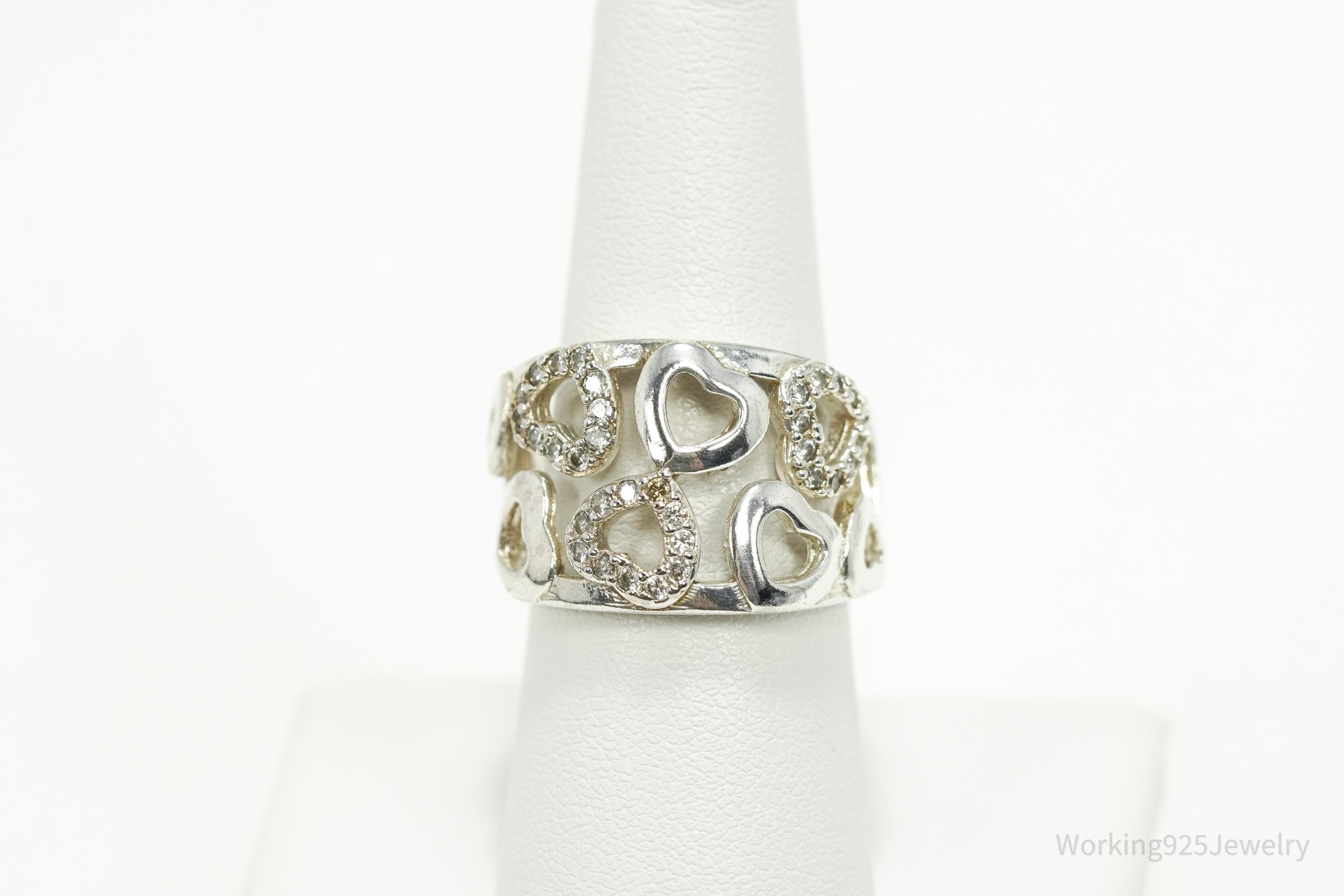 Vintage Cubic Zirconia Hearts Sterling Silver Ring - Size 8.5