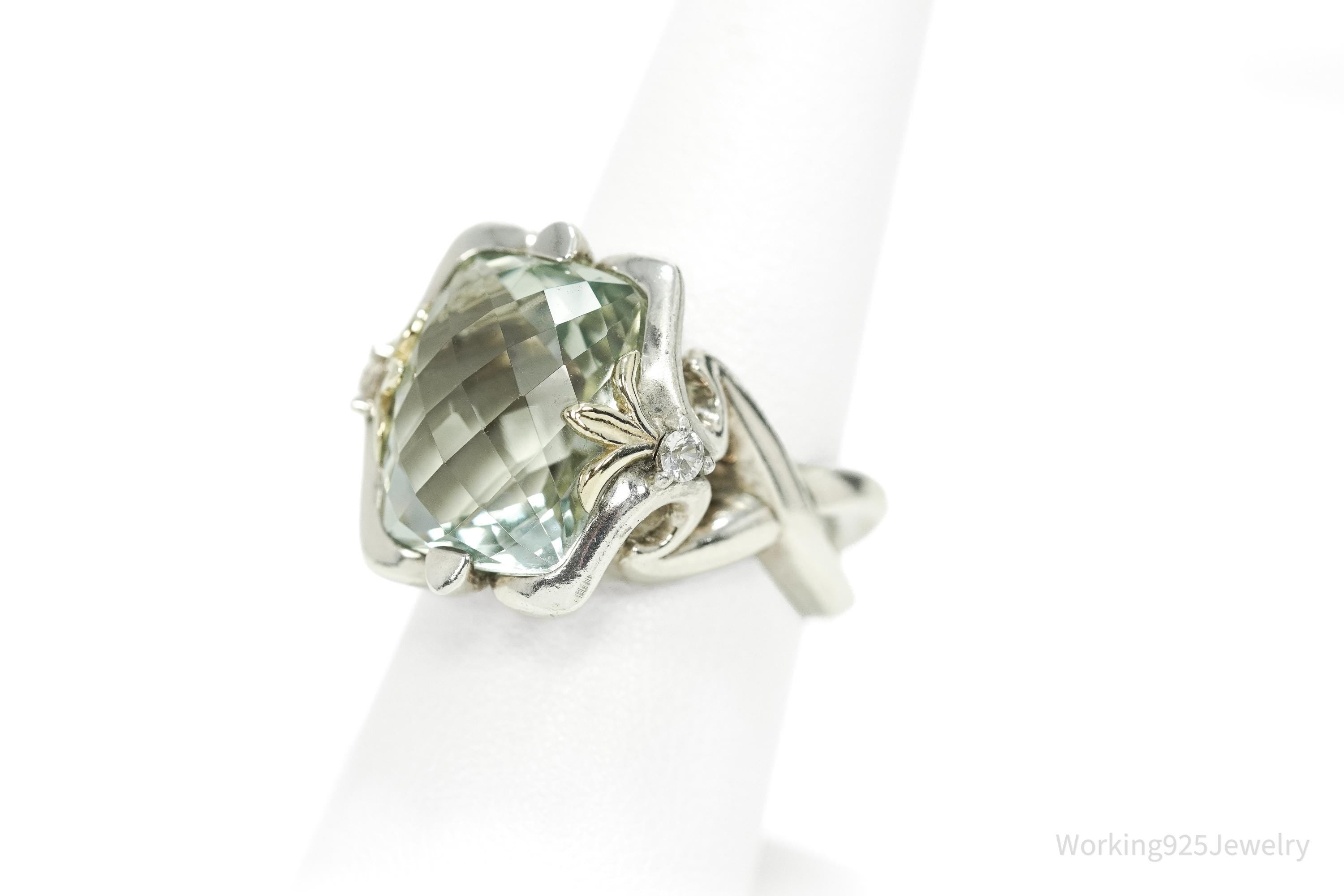 Retired Ann King Prasiolite & White Zircon 18K Gold Sterling Silver Ring Size 7