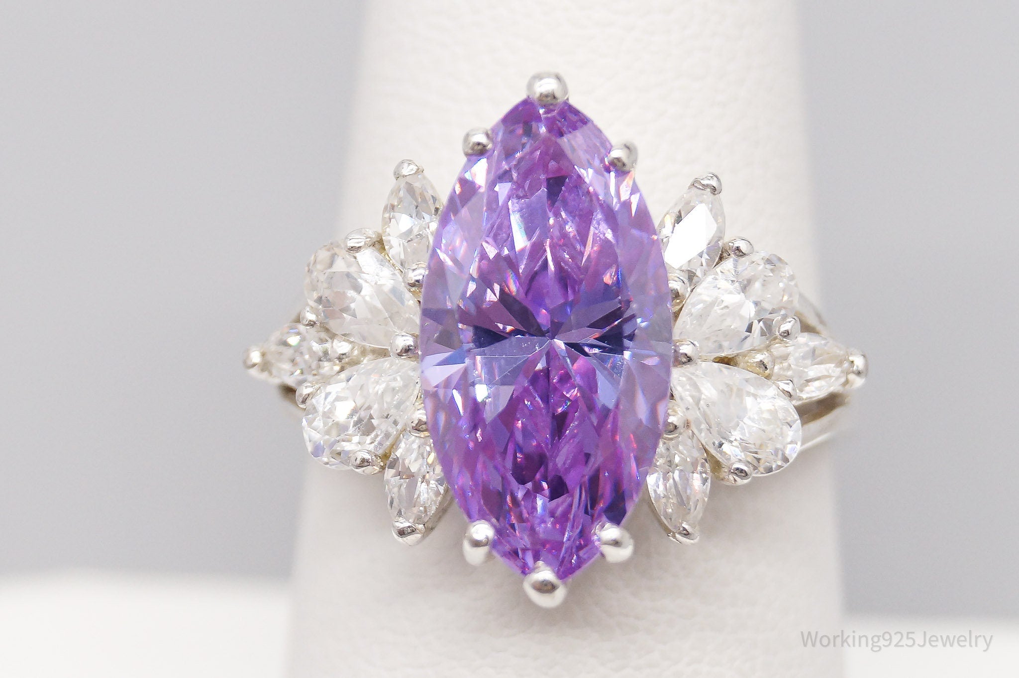 Vintage Purple & White Cubic Zirconia Sterling Silver Statement Ring - Size 7.75